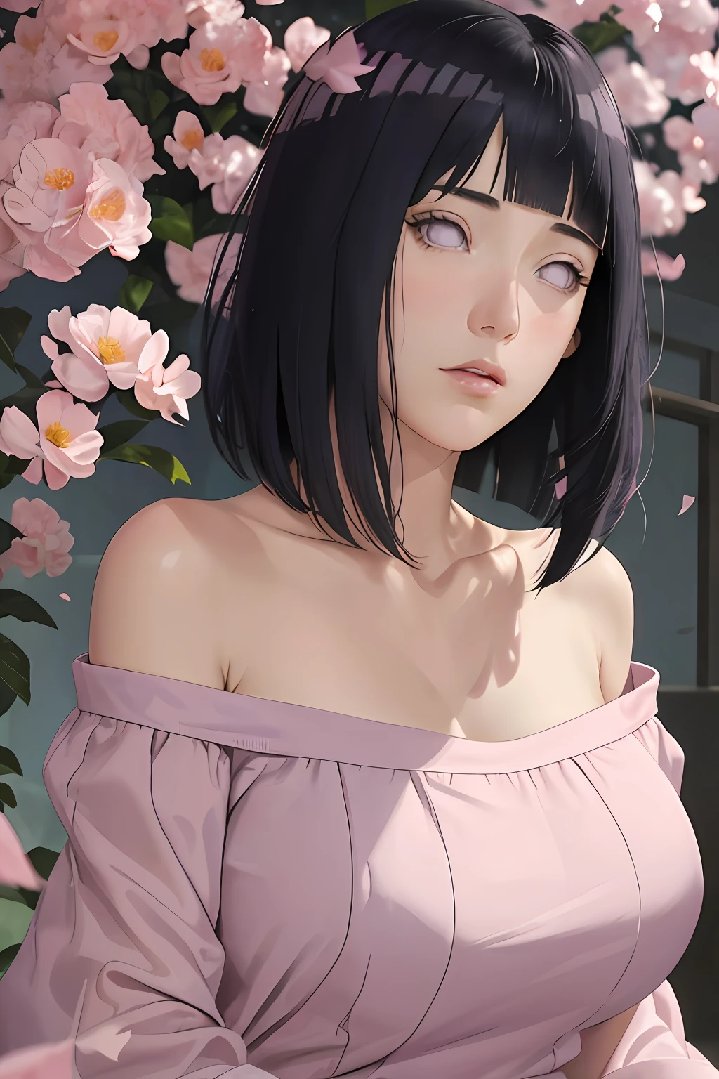 masterpiece, absurdres, hinata\(boruto\), 1girl, solo,mature female, off-shoulder oversized shirt, looking at viewer, (falling petals), perfect composition, detailed lips, big breast, beautiful face, body propotion, blush, (pink lips), long hair,  purple eyes,  soft gaze,  super realistic, detailed, photoshoot, realistic face and body
