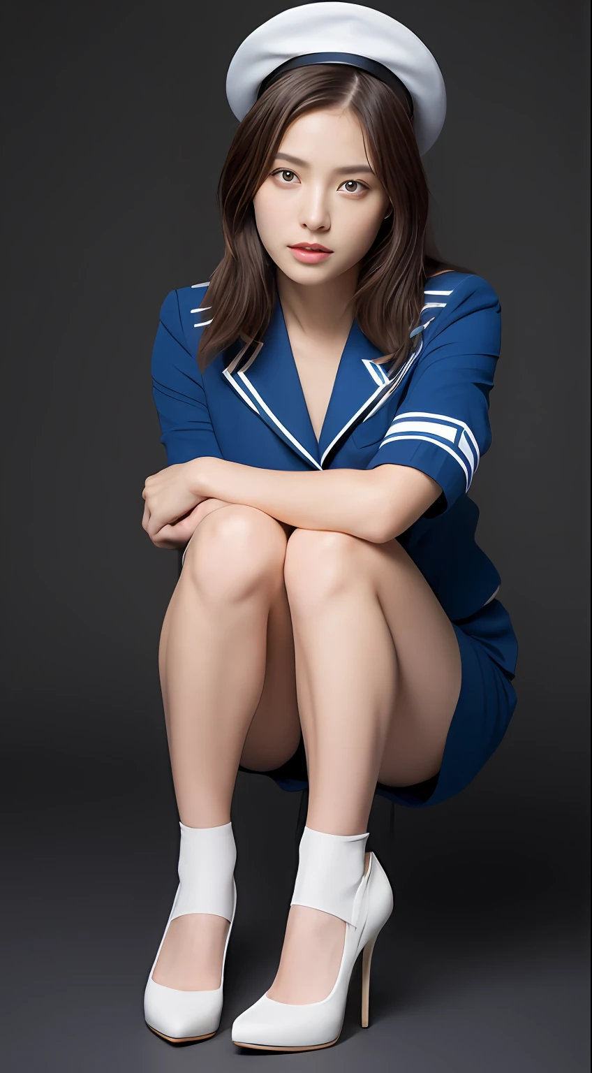 ((Realistic lighting, best qualtiy, 16k, tmasterpiece:1.3)), sharp fokus:1.2, young ,Beautiful Women with Perfect Figure:1.4, Slim abs:1.1, ((dark brown hair)), (Blue flight attendant suit,Blue flight attendant hat:1.4),(Plain background:1.1),squatting pose,Nice looking high heels,Ultra-fine face,Fine eyes,二重まぶた, White legs
