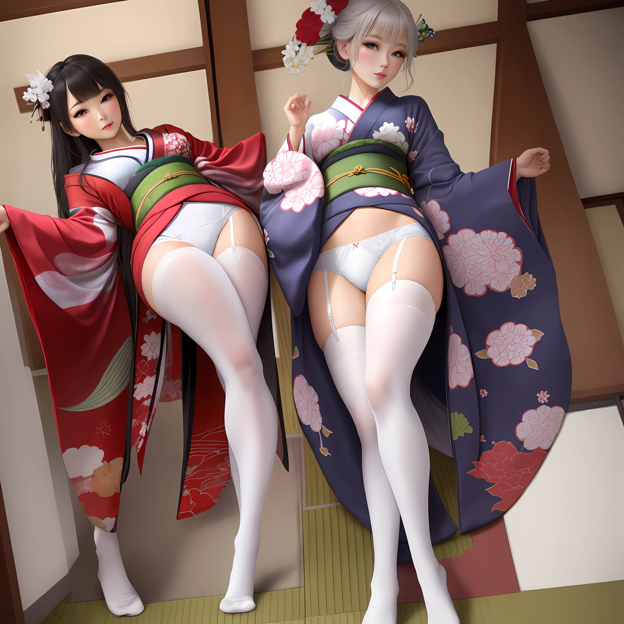 Kimono beauty white stockings real underwear