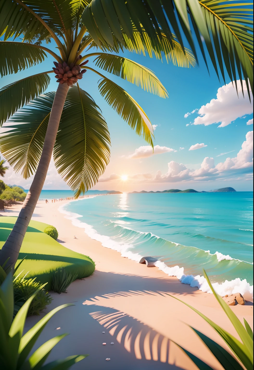 Summer seaside, beach, sunny weather, clear sky, sunny, colorful, happy and happy summer vacation, simple picture, close-up, brilliant sunshine, distant waves, visual impact, 3D DreamWorks style, the perspective is square