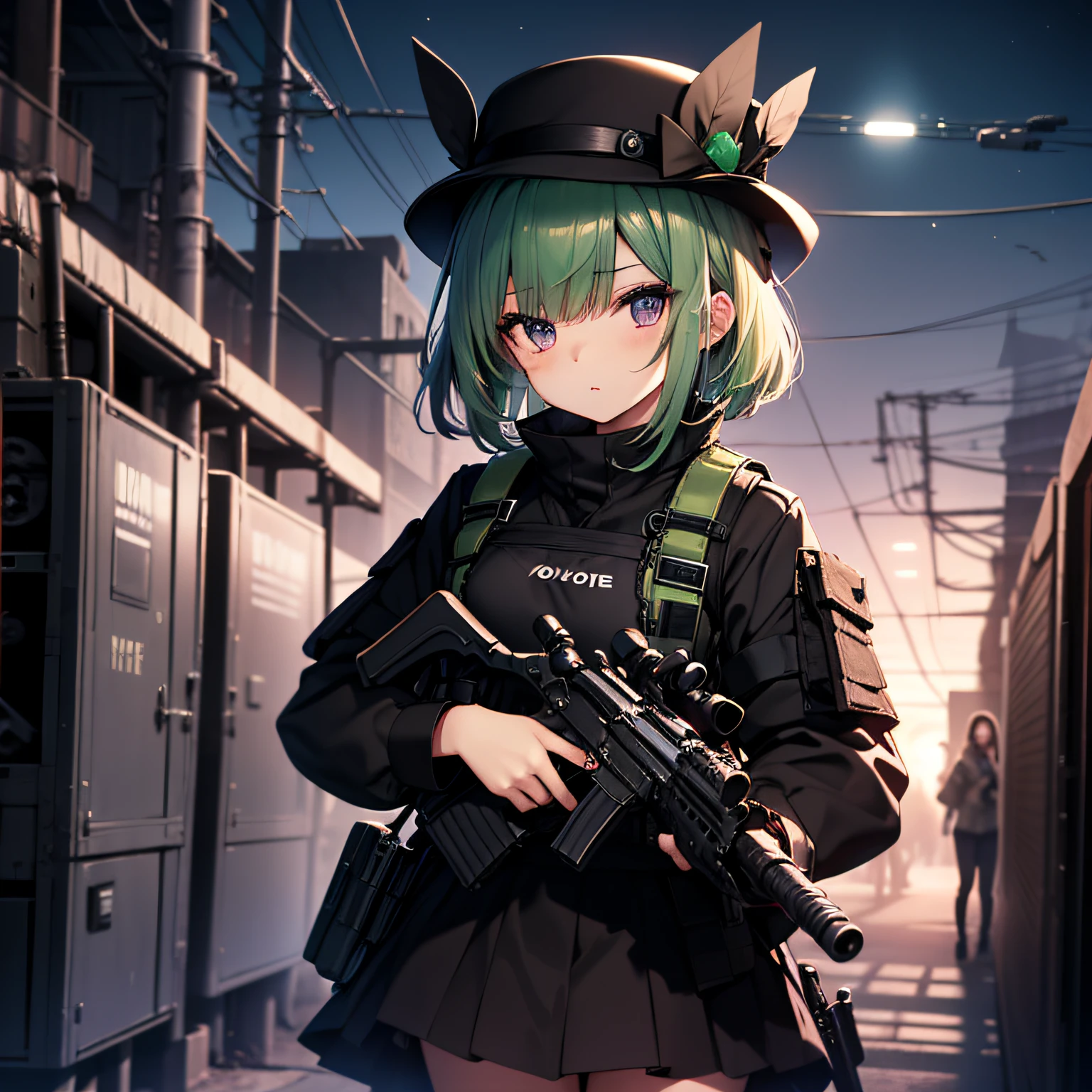 top-quality、extremely delicate and beautiful、(A teenage girl)、Purple Eye、Green hair、short-haired、(Black pointy hat)、Black tie、Soio、shortsleeves、Black skirt、Navel,Tactical Vest、shortsleeves、Black skirt、((Holding a submachine gun in both hands))、Midnight background、is standing