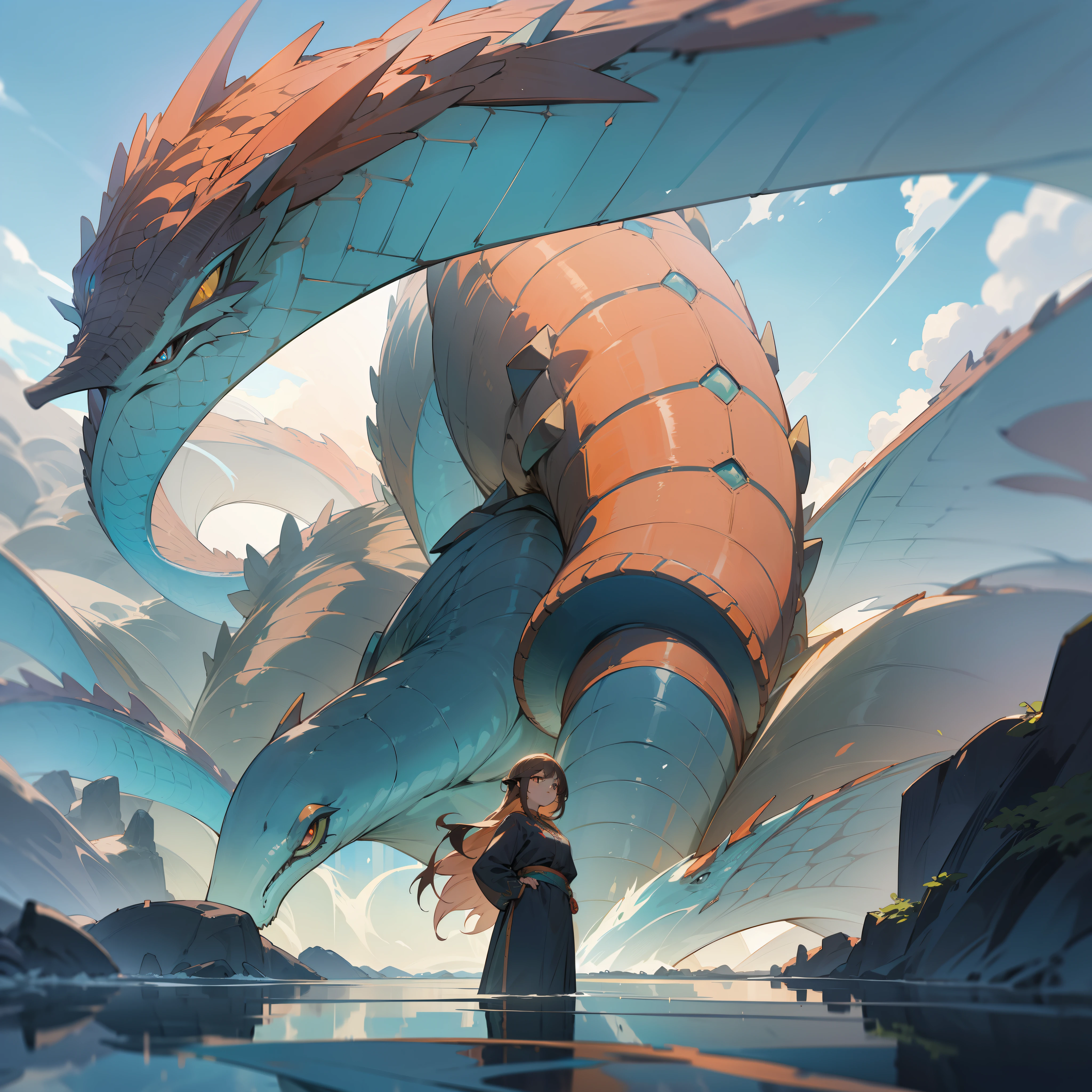 a magnificent city with ancient buildings standing proudly around a vibrant sea. The city is bathed in shades of brown, blue, and grey. A dragon-type monster emerges from the sea, its powerful form soaring into the sky. Its scales shimmer with hints of blue and grey, reflecting the surrounding hues. The dragon's presence evokes a sense of awe and wonder. a beautiful girl gazing up at the dragon. Her expression mirrors the emotion of wonder. She stands before the ancient buildings
