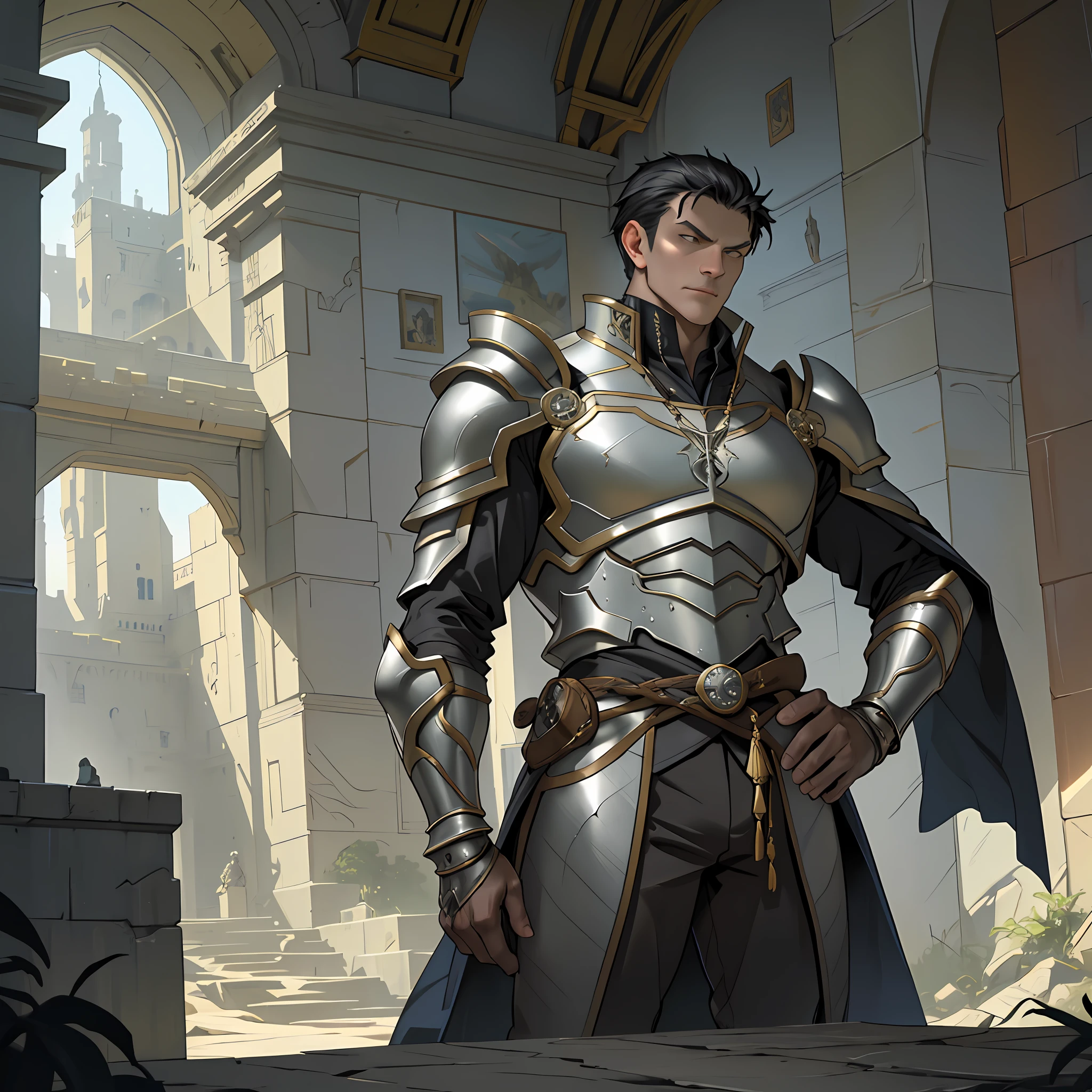 Portrait of a man, 1boy, Solo, Stand quietly, Heroes, A hero never seen before, jawline, Male, Epic, Handsome, prince, warrior, Silver armor, hyperdetailed 3d matte painting, cinemascope panoramic, awe inspiring, landscape, Natural skin texture, Sharp focus, ((Cinematic look)), insanely details, Intricate details, greg rutkovsky、Works of art by Caravaggio and Alphonse Mucha, analogue style, Castle, inside castle, Calm environment,
