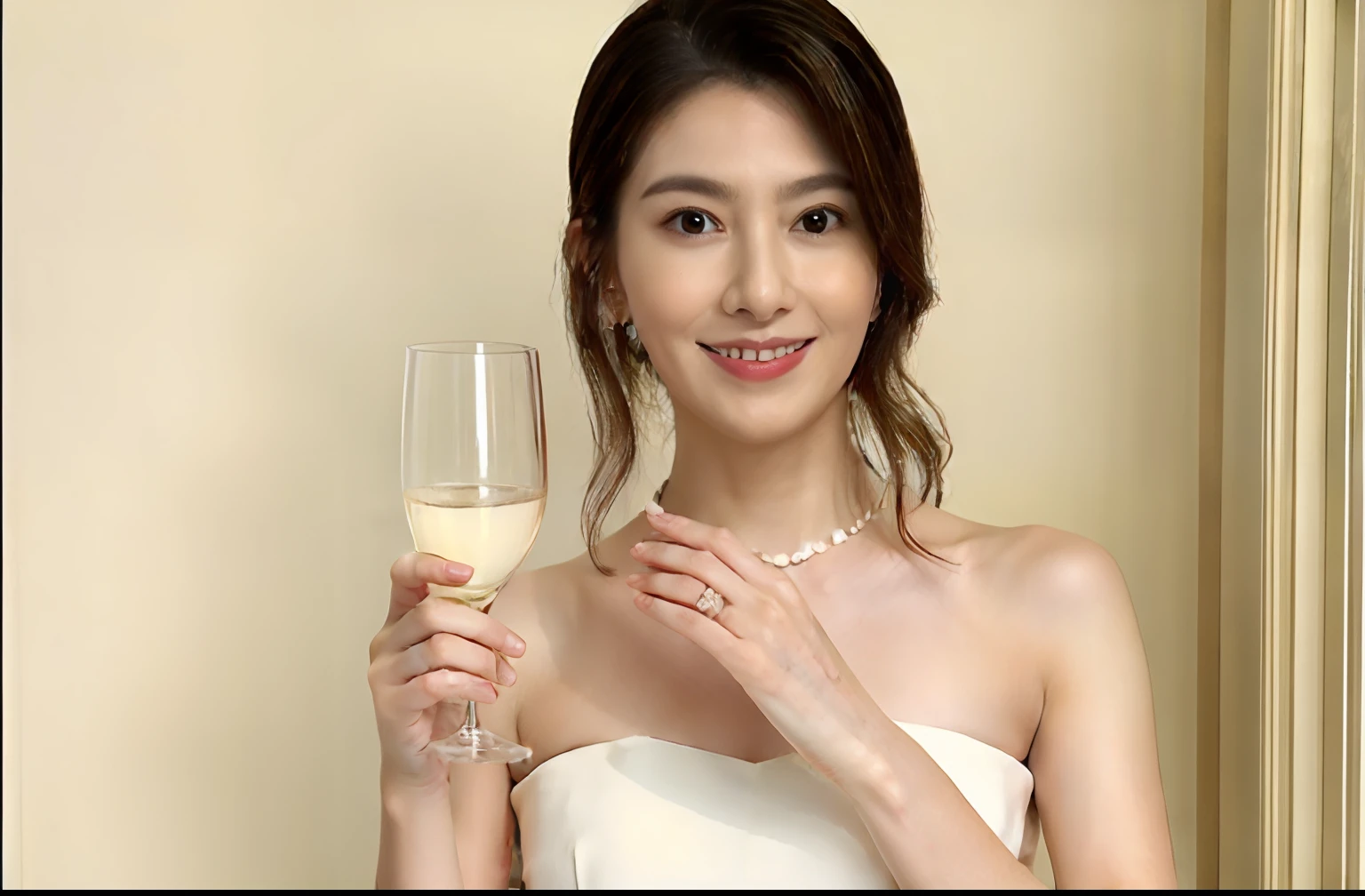 There is a woman holding a champagne glass in her hand,