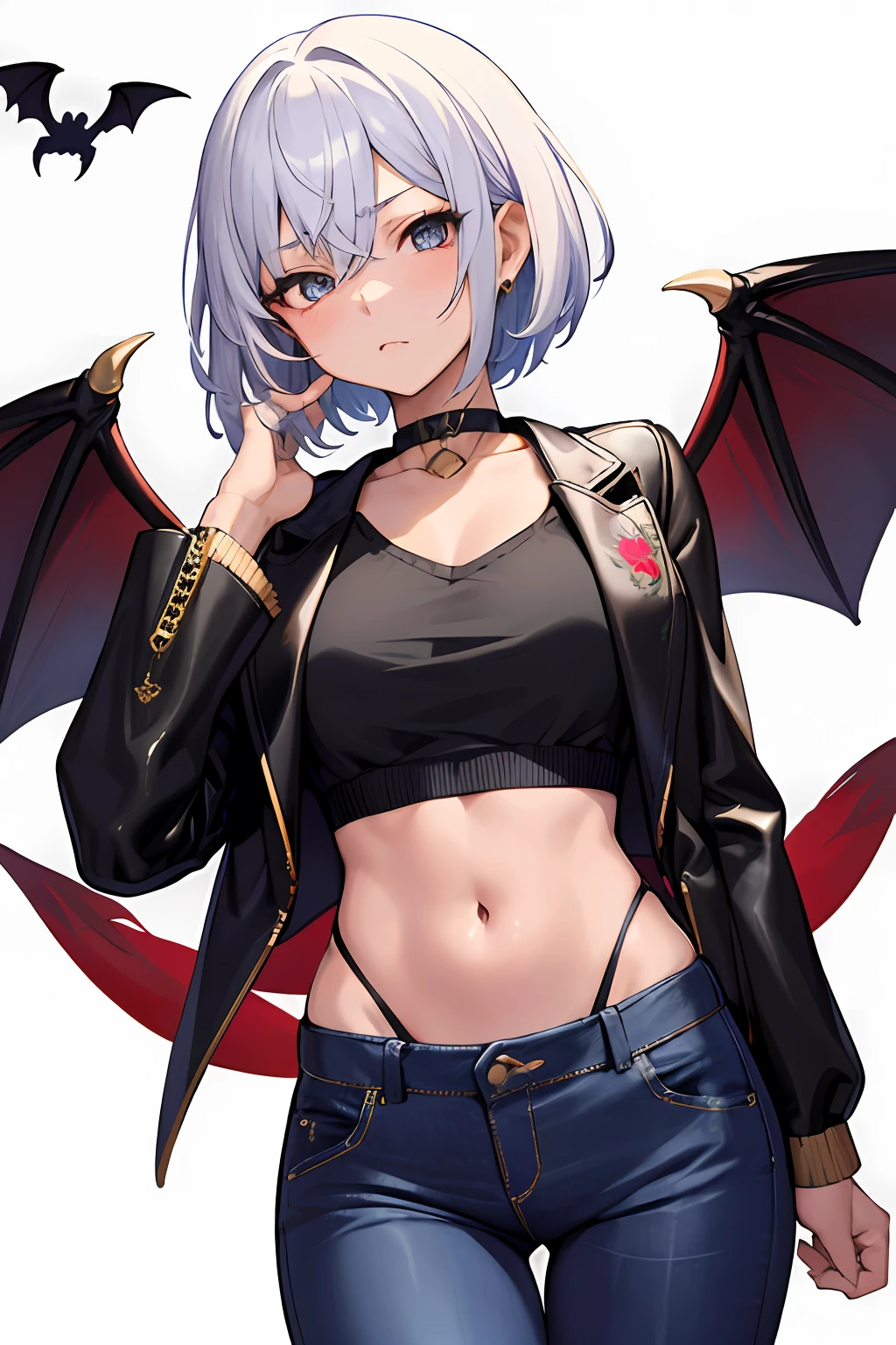 masterpiece、hightquality、1girl in、独奏、middlebreast、short-hair、(hair between eye)、(00BFFE Pixie Cut)、bat wings、Disappointed face、(Embroidered sweaters、Cropped flared jeans、Leather Blazer)、White hair