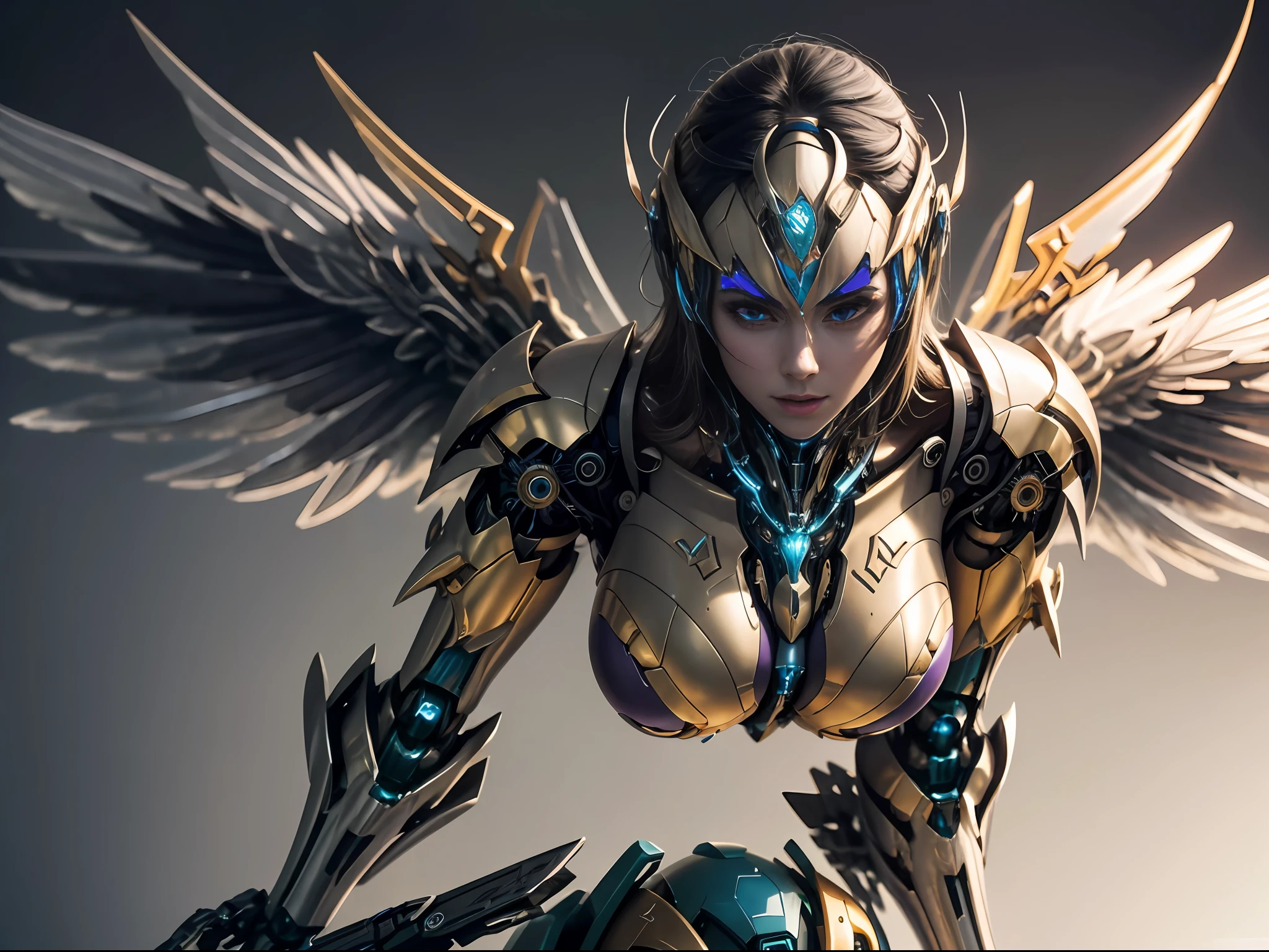 A sculpture of a mecha beauty made of purple and gold,Leapfrogging,The face is perfectly portrayed,The mech lines are perfectly portrayed,Metallic wing detail on the back,3Drenderingof