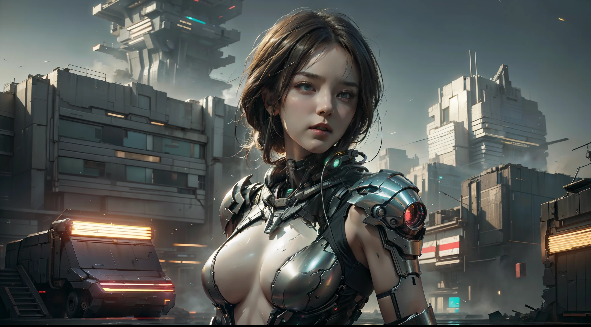 ((best qualtiy)), ((tmasterpiece)), ((Realistis)), (A detailed), (realisticlying:1.5),(Close portrait:1.3),illusory engine, (High detail: 1.9),(femele:1.4),(big breasts beautiful: 1.4),(carismatic:1.3), (Thick stature), (white straitjacket),Large breasts, Lights on armor, beuaty girl,beauitful face, looking at viewert, dynamicposes, postapocalyptic, Destroyed city background, the night, scientific fiction, hdr, Ray traching, NVIDIA RTX, Hyper-Resolution, Unreal 5, sub surface scattering, PBR textures, Post-processing, Anisotropic filtering, depth of fields, Maximum clarity and sharpness, trichotomy,8K original,(Luminous Particle:1.4),(VerydetailedCG,Unity 8k壁纸,3D,cinmatic lighting,lens flare glow),Reflectors,Sharp focus,Cyberpunk art of a,Cyberpunk Building,(((dramatics)))