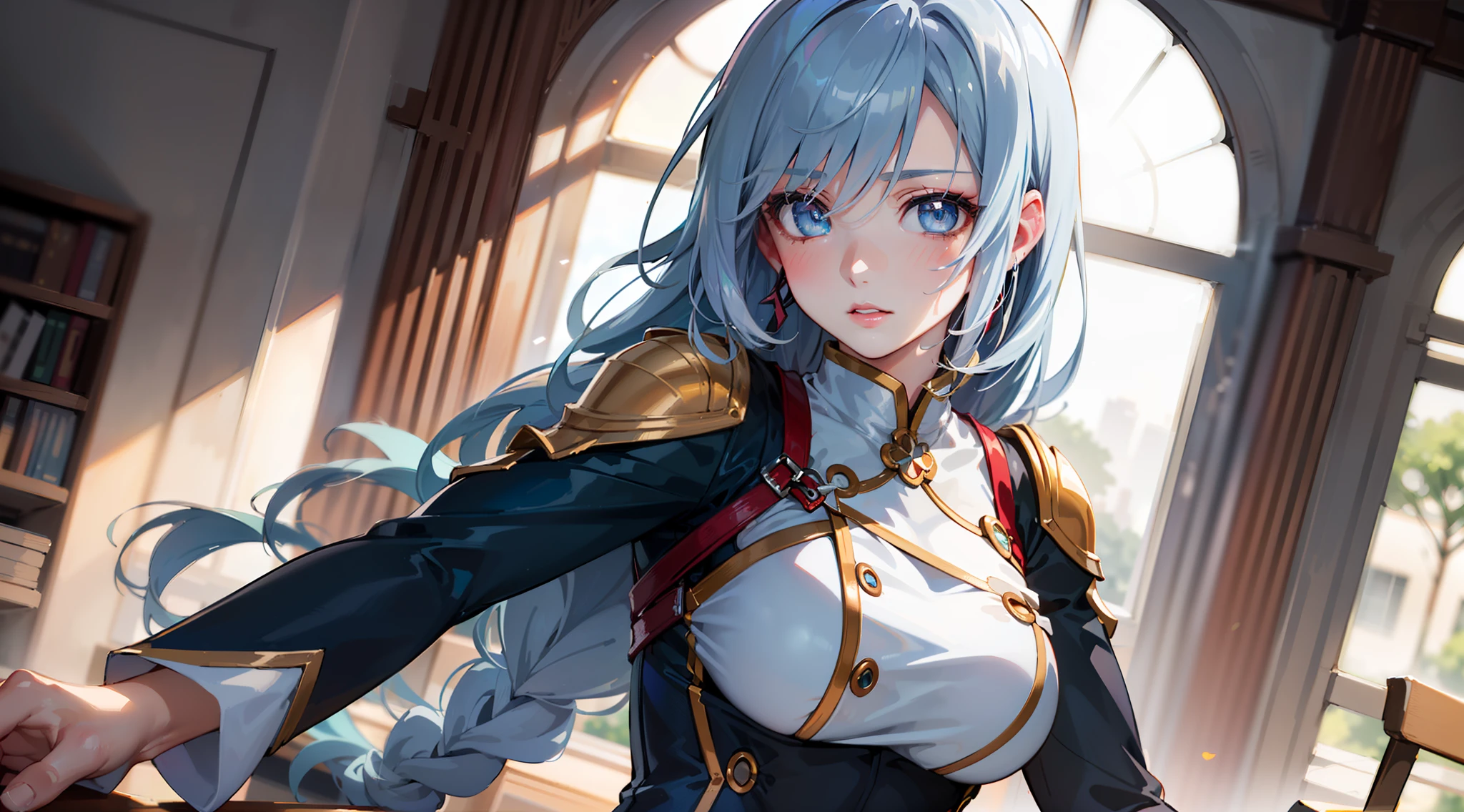 electrician girl, electrician suit, upper body, seductive look, blush, indoors, in office, looking at viewer, cloudy, moody lighting, (perfect detail eyes:1.2), glowing eyes, (long hair one braid:1.2), elemental skill effect, (Masterpiece, Best Quality, High Quality:1.4), professional artwork, Intricate Details, field of view, sharp focus, detailed painting, photorealistic lighting, trending on pixiv, (vivid lighting, vibrant colors:1.05), realistic shadows, ambient occlusion, (athletic body:1.3), mature woman, 30yo, shenhe, hyperdetail eyes, ((beautiful eyes, hyperdetailed eyes:1.4)), (((solo:1.4))), semi-realistic hair, hyperdetailed clothes, (((anime:1.4)))