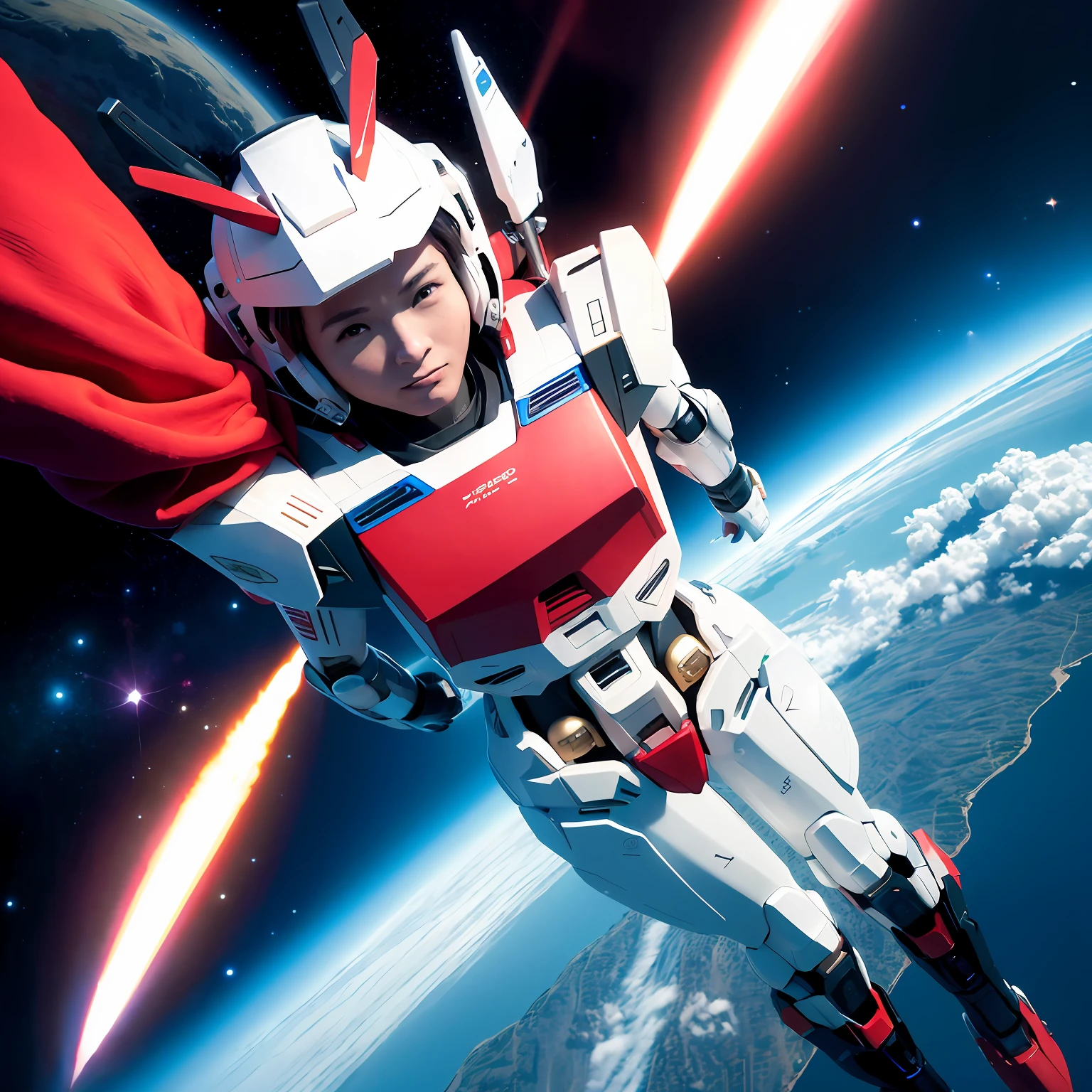 Humanoid Gundam，outerspace，flight，Rocket propulsion is，planet earth，sci-fy