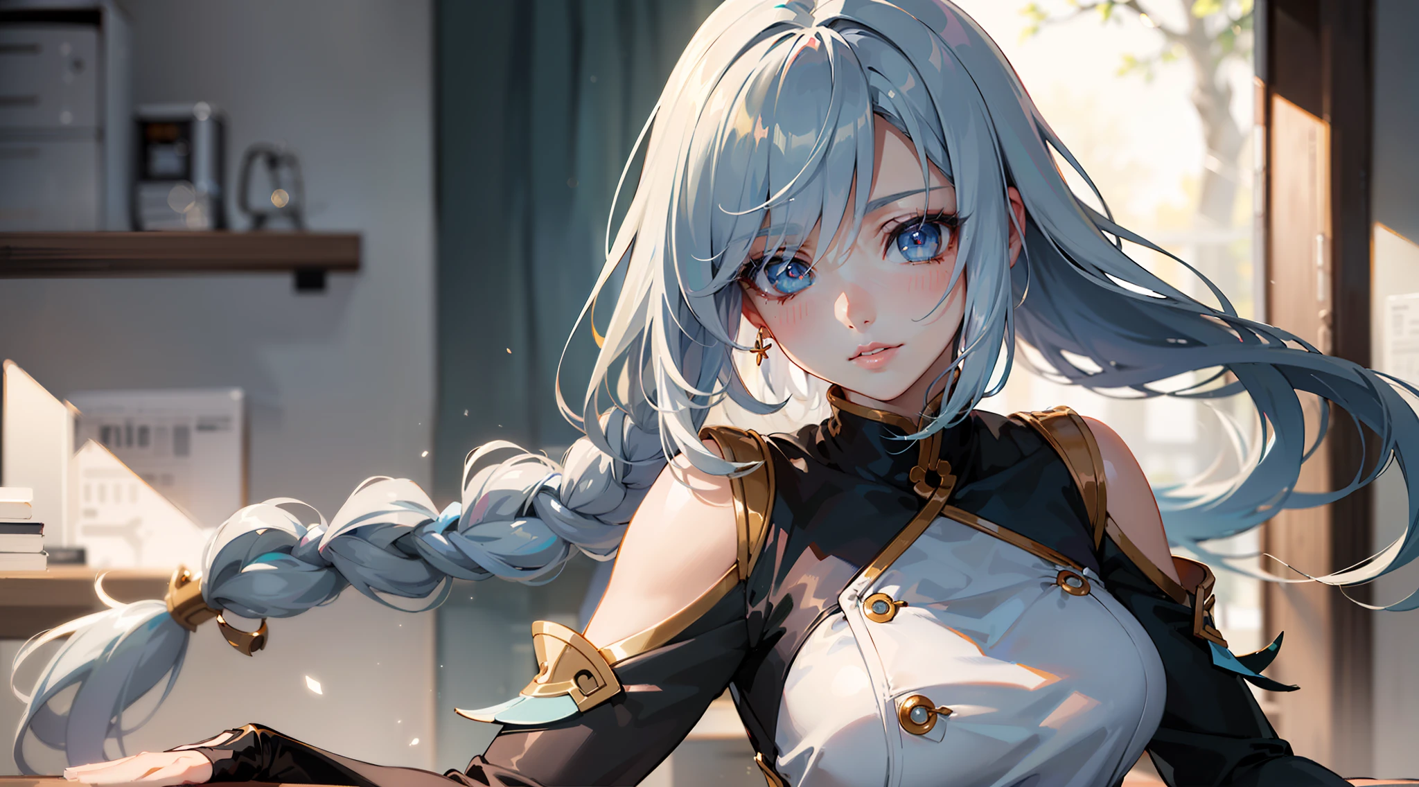 electrician girl, electrician suit, upper body, seductive look, blush, indoors, in office, looking at viewer, cloudy, moody lighting, (perfect detail eyes:1.2), glowing eyes, (long hair one braid:1.2), elemental skill effect, (Masterpiece, Best Quality, High Quality:1.4), professional artwork, Intricate Details, field of view, sharp focus, detailed painting, photorealistic lighting, trending on pixiv, (vivid lighting, vibrant colors:1.05), realistic shadows, ambient occlusion, (athletic body:1.3), mature woman, 30yo, shenhe, hyperdetail eyes, ((beautiful eyes, hyperdetailed eyes:1.4)), (((solo:1.4))), semi-realistic hair, hyperdetailed clothes, (((anime:1.4)))