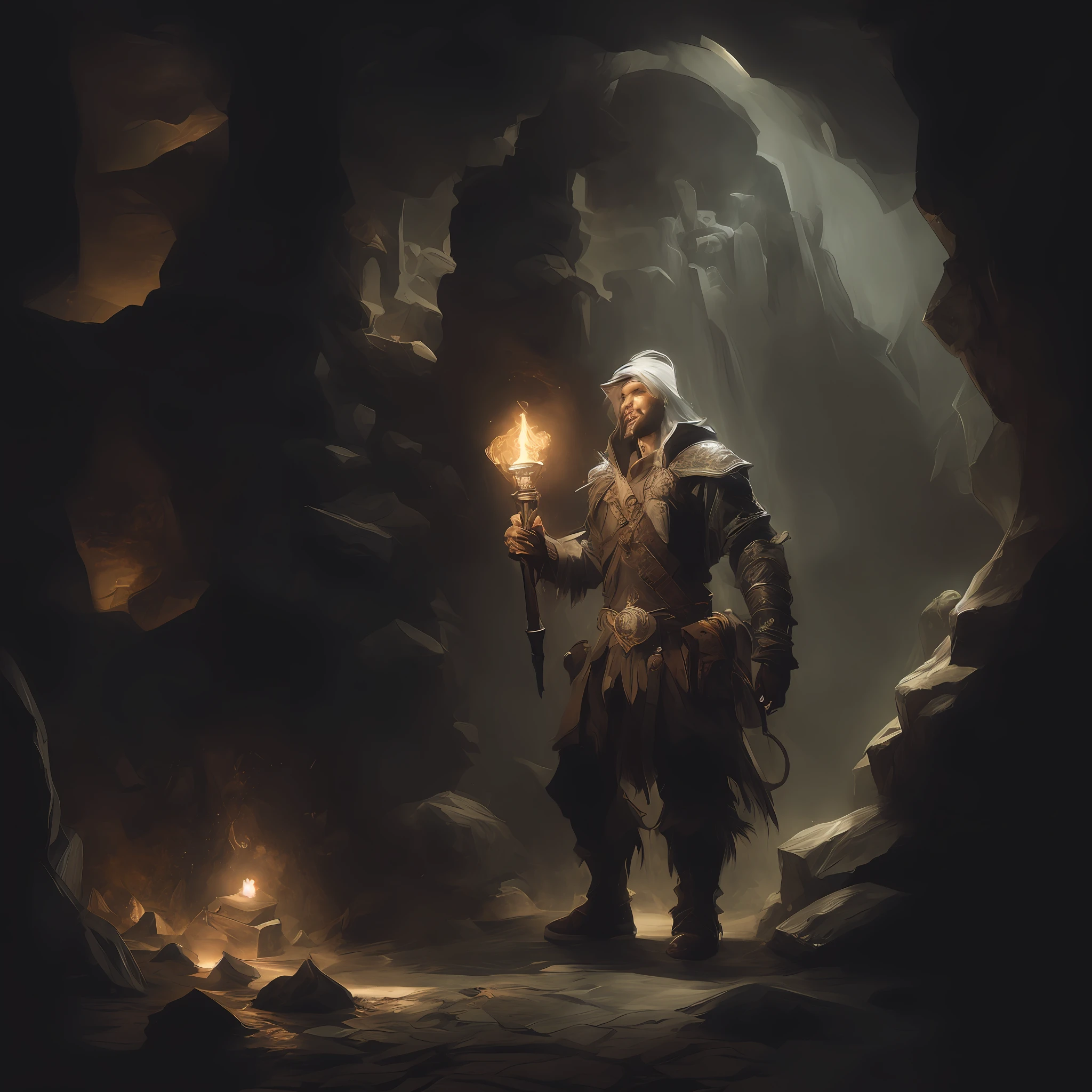 A man in a cave holds a torch in his hand, Johannes Helgeson, inspired by Johannes Helgeson, Jeff Easley Dramatic Light, Painting by Andreas Roche, Andreas Rocha, Cave exploration, andreas rocha style, epic rpg artwork, Dungeons, inspired by Andreas Rocha, Epic Fantasy D & D Хоббит Снейп