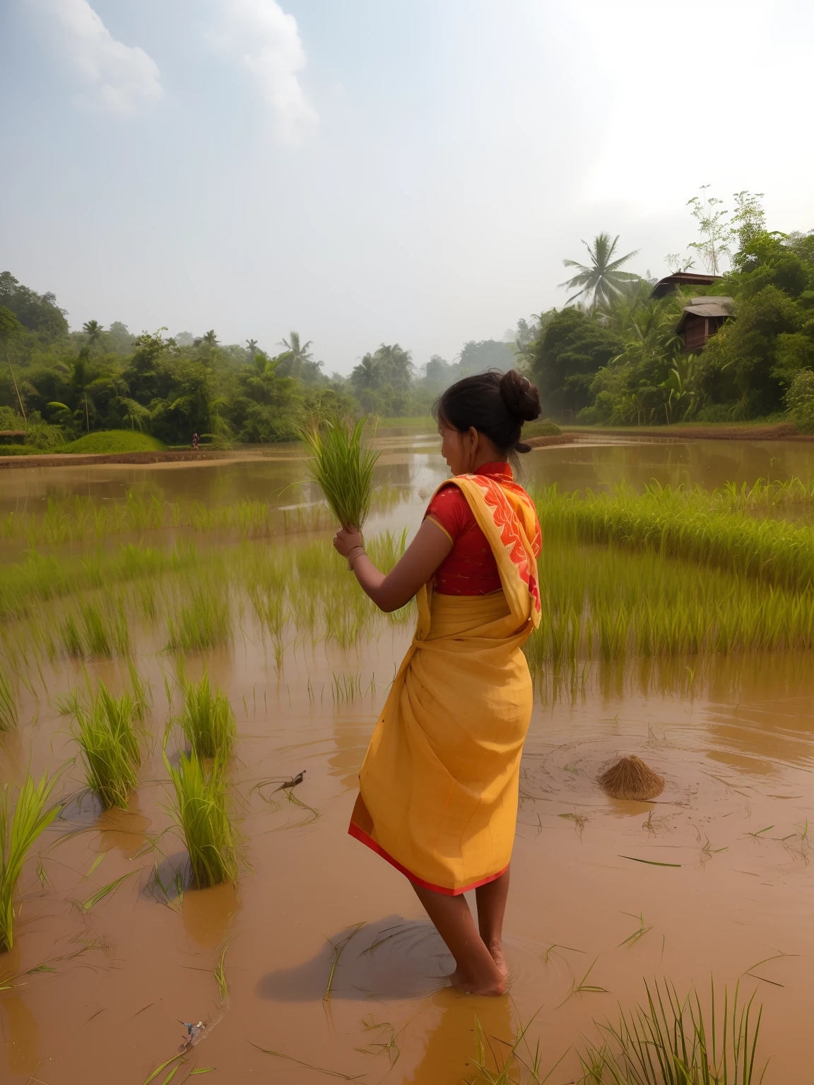 there is a woman that is standing in the mud, villagers busy farming, assamese aesthetic, malaysia with a paddy field, wearing bihu dress mekhela sador, paddy fields and river flowing, single bangla farmer fighting, she is walking on a river, local people chasing to attack, assamese, shot on canon eos r5