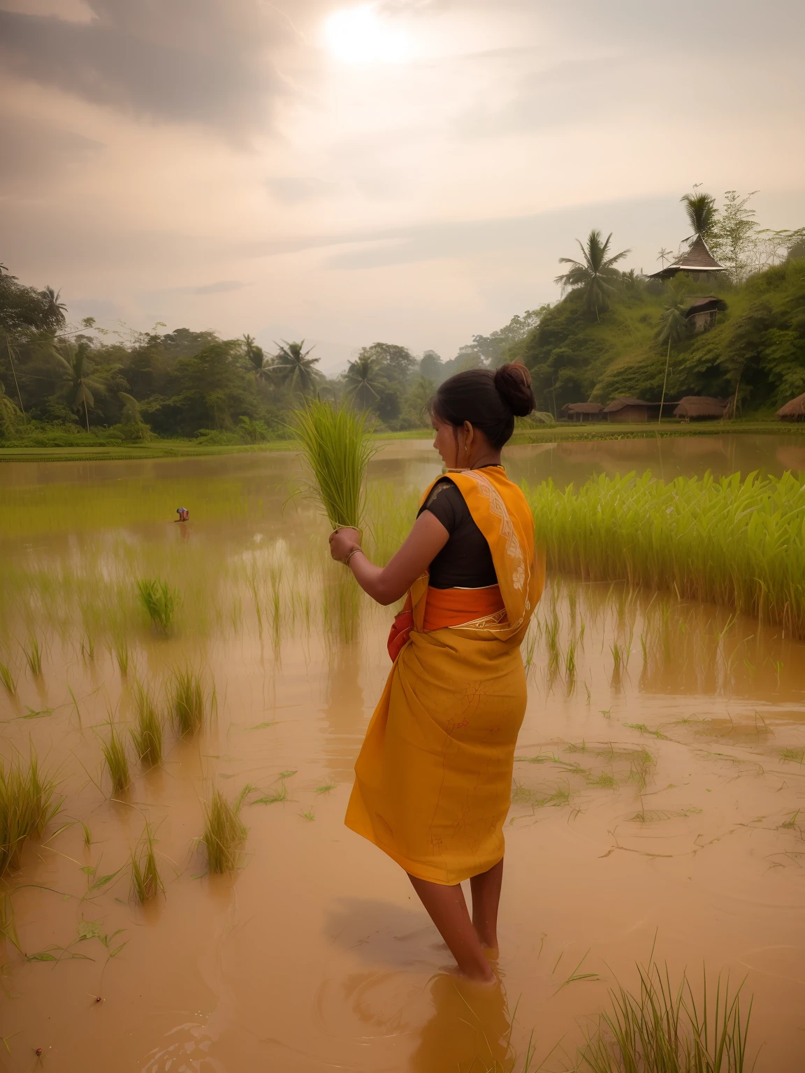 there is a woman that is standing in the mud, villagers busy farming, assamese aesthetic, malaysia with a paddy field, wearing bihu dress mekhela sador, paddy fields and river flowing, single bangla farmer fighting, she is walking on a river, local people chasing to attack, assamese, shot on canon eos r5