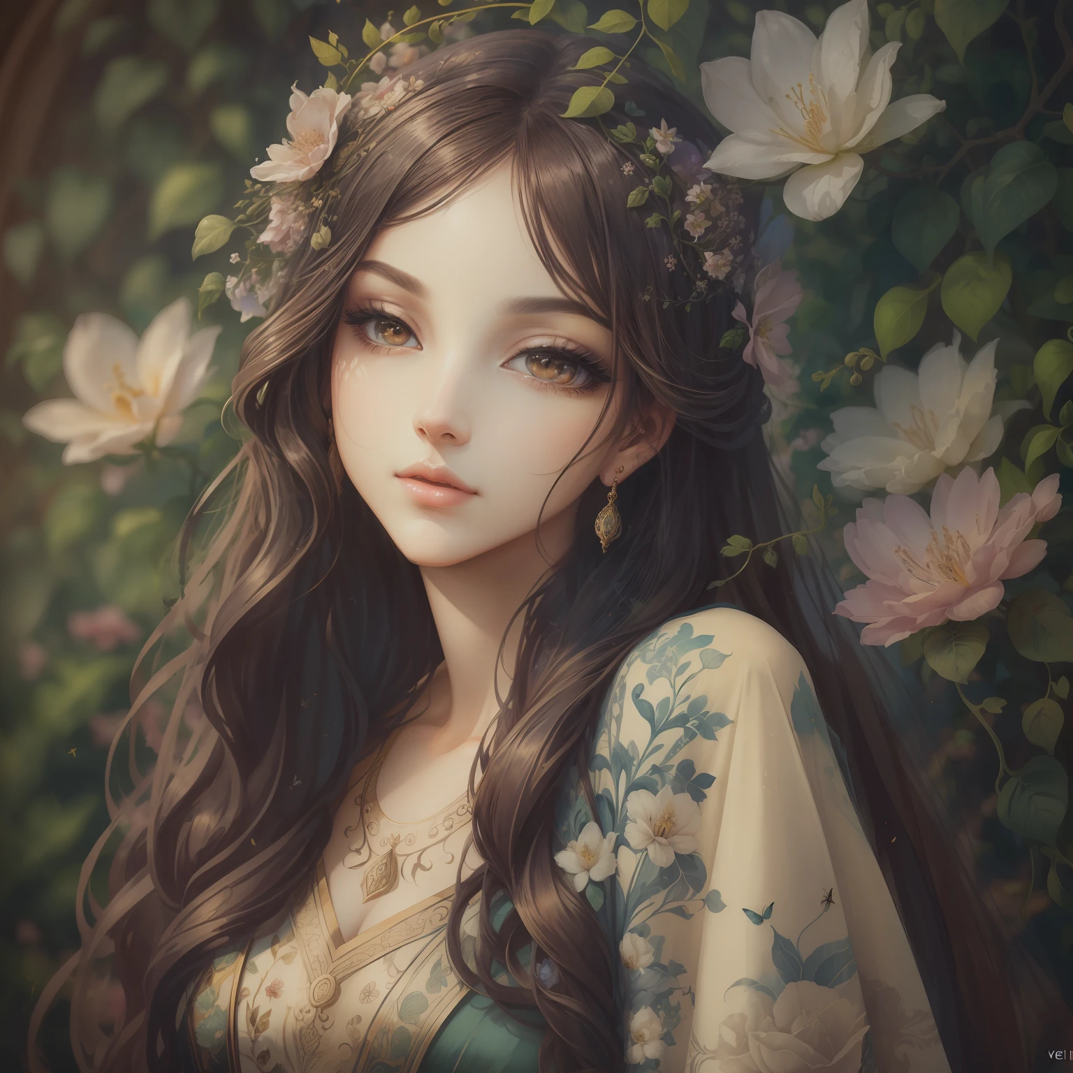 classical aesthetics,Beautiful and meticulous portrayal,High-definition detail,Ancient beauty,The posture is natural,The details stand out,Flowers, vines, butterflys,lovely lips,Revel in the eyes,Flowing, Smooth hair,Beautiful face,Ink painting effect,Natural light
