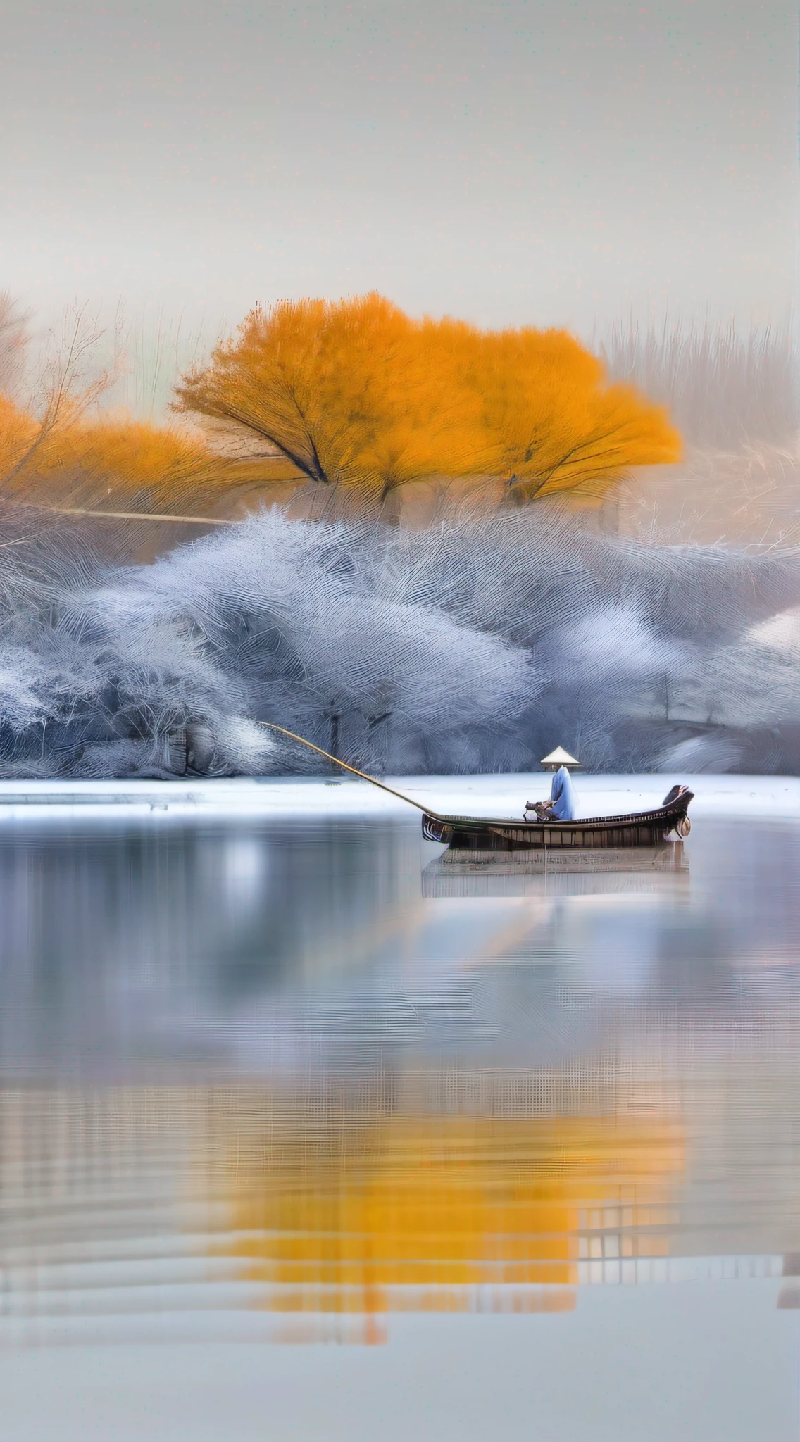 ，old fisherman floating in a boat adrift in river in the winter, ressed in a raincoat woven from straw or palm fiber ，fishing rod，Wear a Asian bamboo conical hat，he image portrays the serenity of the moment, with the solitary boat and the old man adding a touch of nostalgia. The cold river and the snow:1.5 emphasize the quietness and stillness of the scene, creating a harmonious and peaceful ambiance，closeup cleavage，fishing