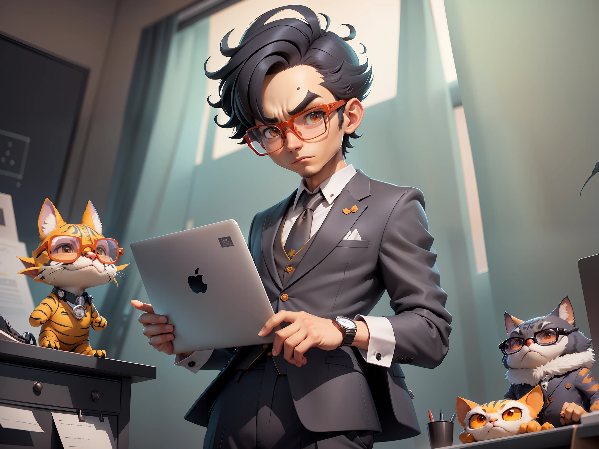 A young man in a suit, Short hair and glasses sat at his desk,holding laptop,digitial painting,tigre,3D character design by Mark Clairen and Pixar and Hayao Miyazaki and Akira Toriyama,4K HD illustration,Very detailed facial features and cartoon-style visuals。