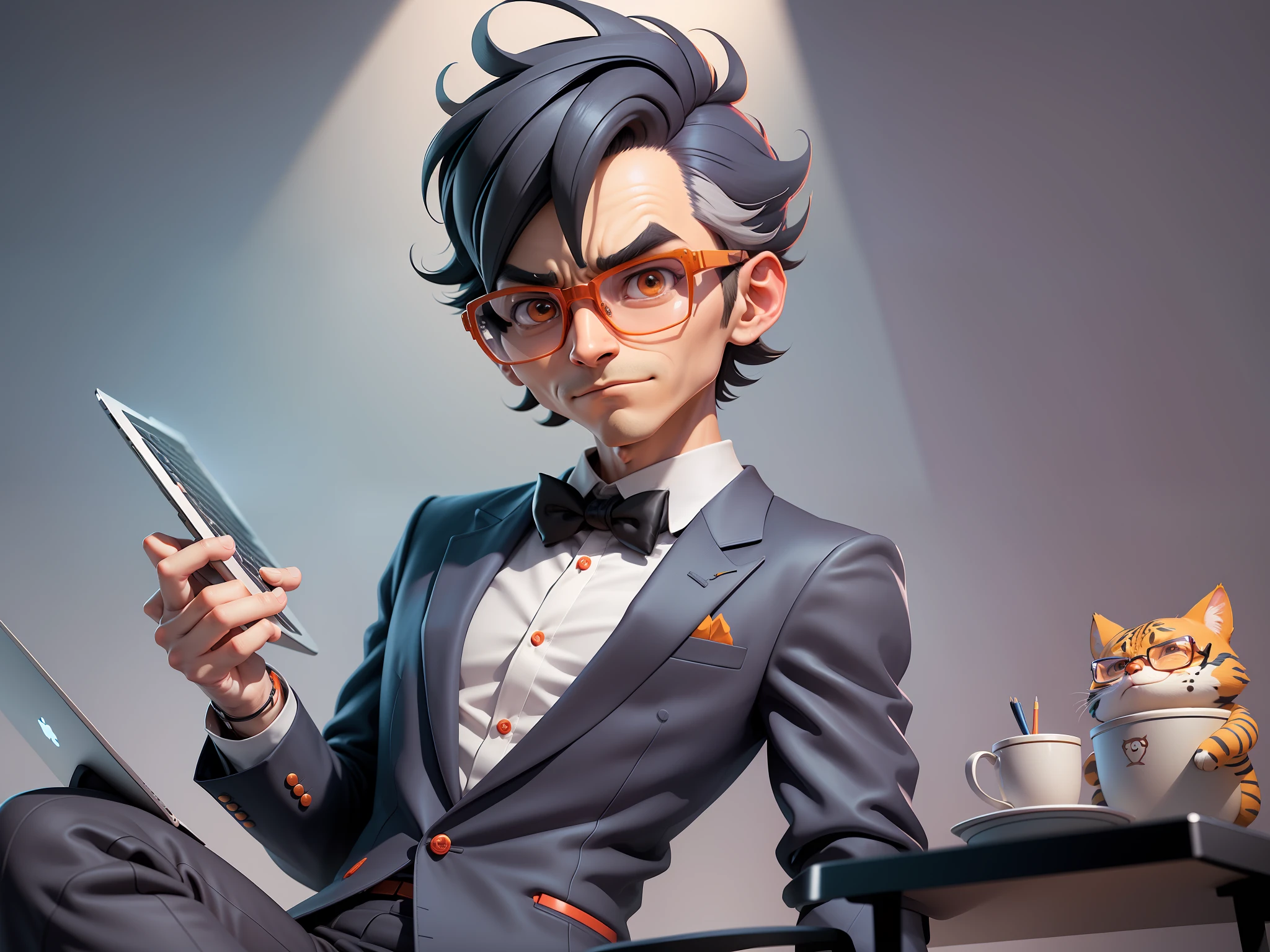 A young man in a suit, Short hair and glasses sat at his desk,holding laptop,digitial painting,tigre,3D character design by Mark Clairen and Pixar and Hayao Miyazaki and Akira Toriyama,4K HD illustration,Very detailed facial features and cartoon-style visuals。