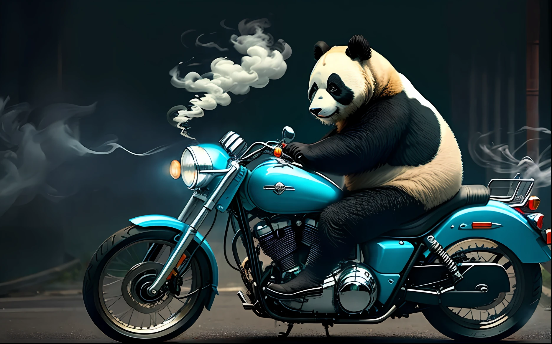 giant panda，Ride a motorcycle，smokes，Cool