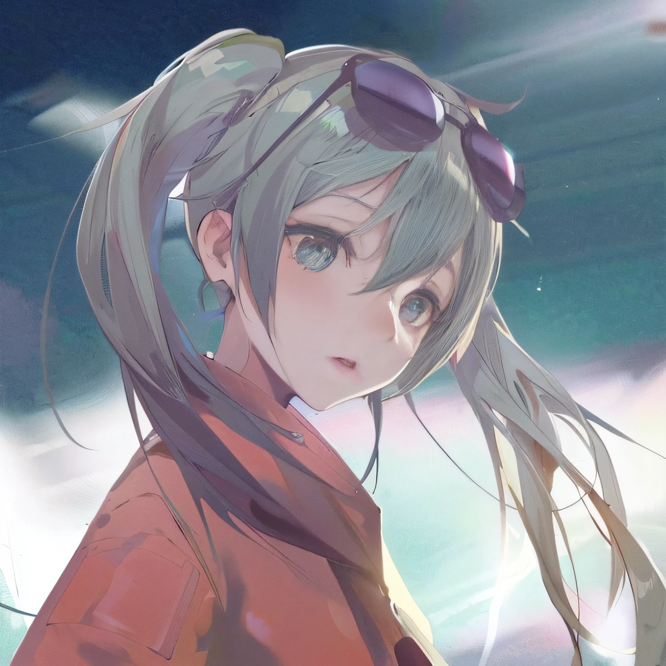 Anime girl with long hair and sunglasses looking at the sky, Kantai collection style, anime visual of a cute girl, Guviz, Guviz-style artwork, girls frontline universe, Fine details. Girl Front, from girls frontline, Portrait of Hatsune Miku, Girls Frontline CG, Anime girl with teal hair, Official artwork, mikudayo