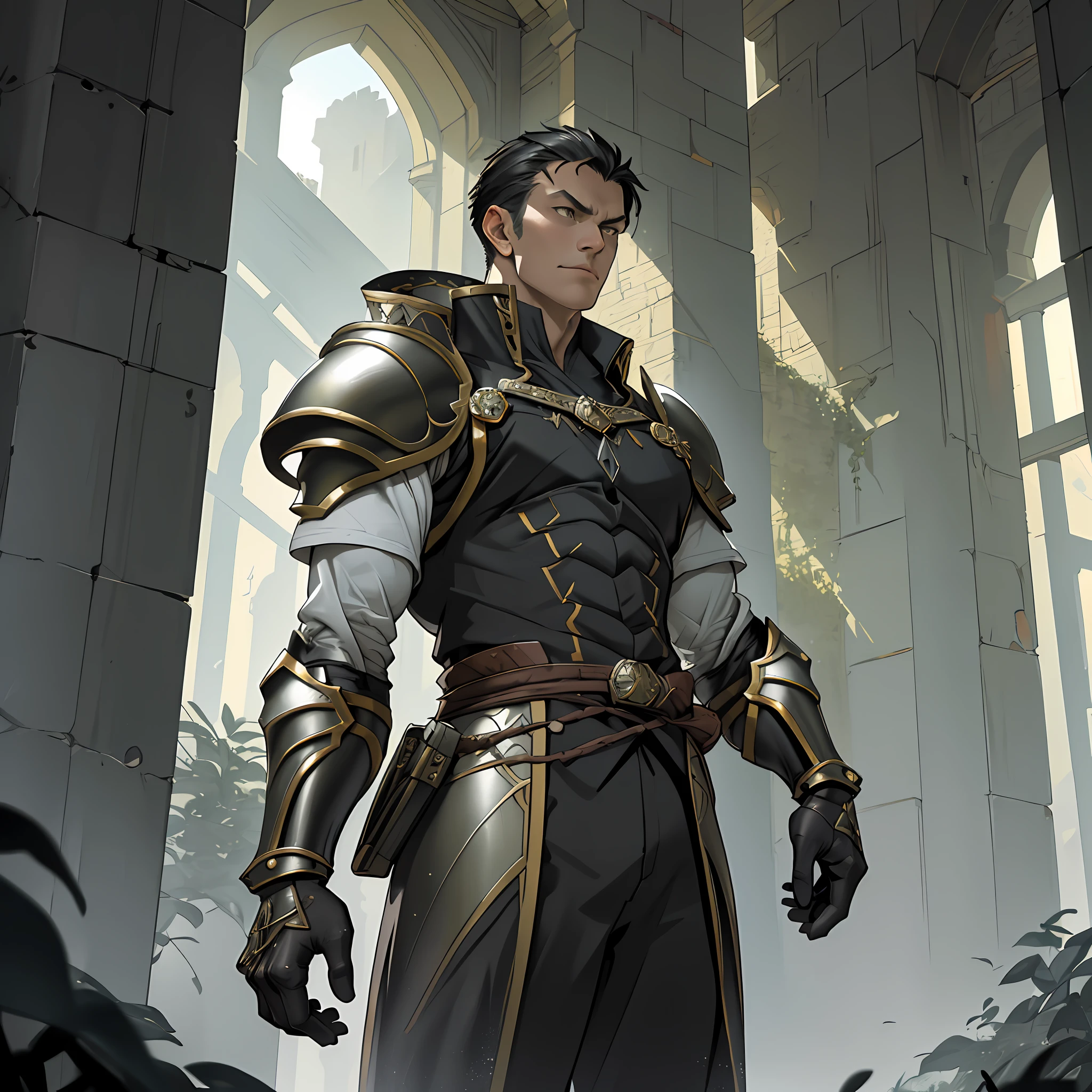 Portrait of a man, 1boy, Solo, Stand quietly, Heroes, A hero never seen before, jawline, Male, Epic, Handsome, prince, warrior, Silver armor, hyperdetailed 3d matte painting, cinemascope panoramic, awe inspiring, landscape, Natural skin texture, Sharp focus, ((Cinematic look)), insanely details, Intricate details, greg rutkovsky、Works of art by Caravaggio and Alphonse Mucha, analogue style, Castle, inside castle, Calm environment,