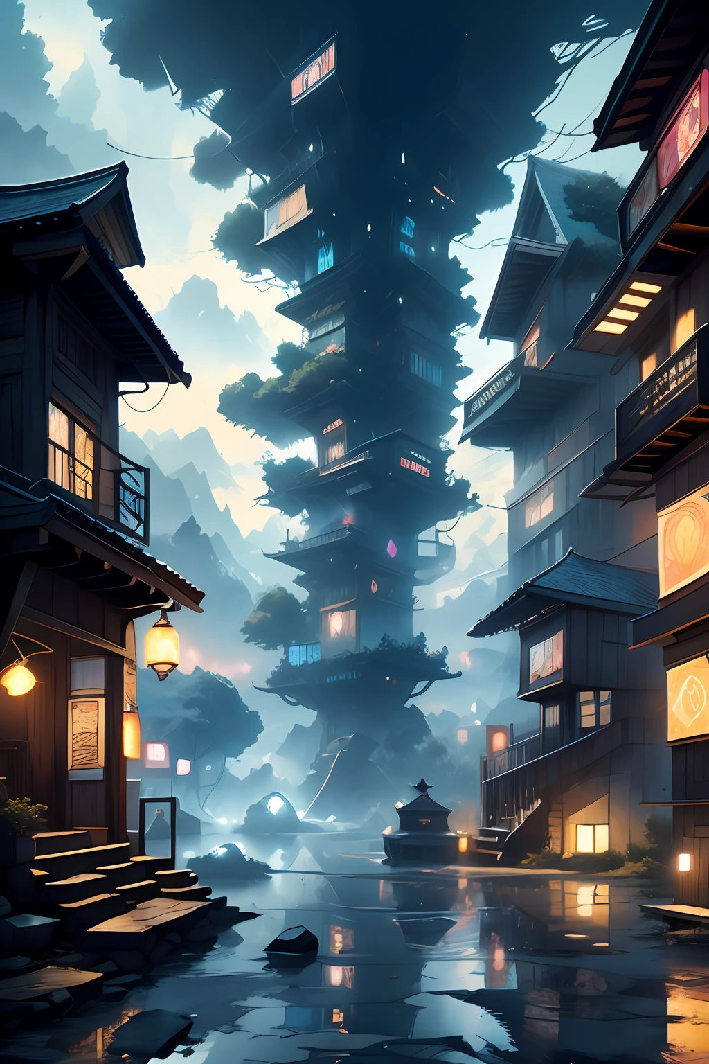 A highly detailed anime illustration，landscape，Vintage，Dreamy，Drawing，trending on artstationh，hyper HD，(((by Quentin de Warren))):1.8，atmosphere，luminosity。