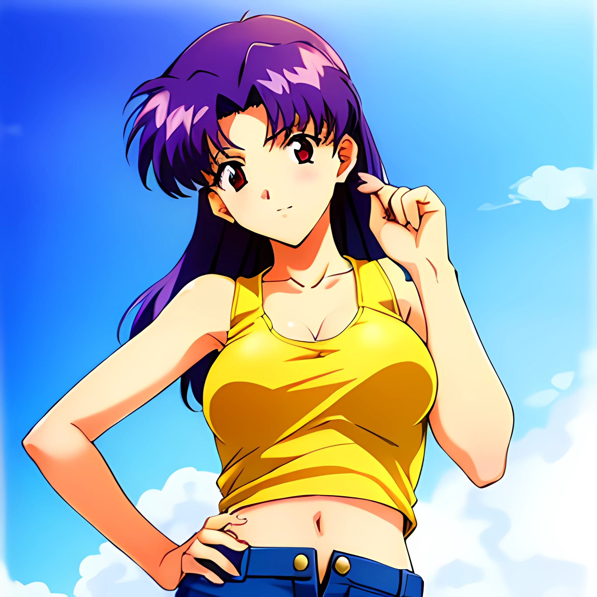 (1girl:1.3), ((katsuragi_misato wearing a yellow tank top)), wearing micro shorts, posing for a picture in an apartment, medium_tits, purple hair, (analogue quality:0.6), (film grain:0.8)