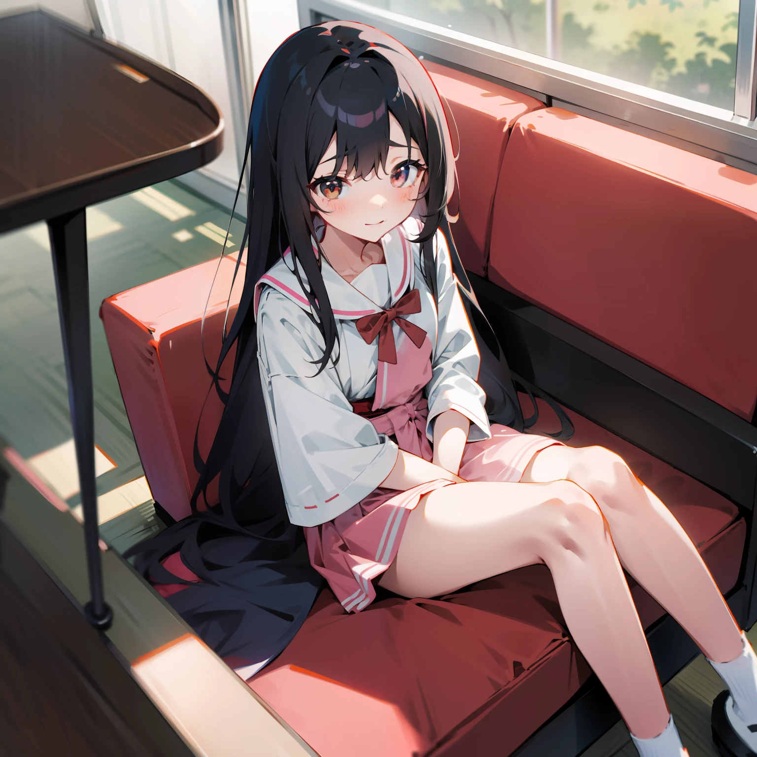 Cute Japanese girl,Summer school uniform,pink panty,Long black hair,Red bow on hair,Sit cross-legged