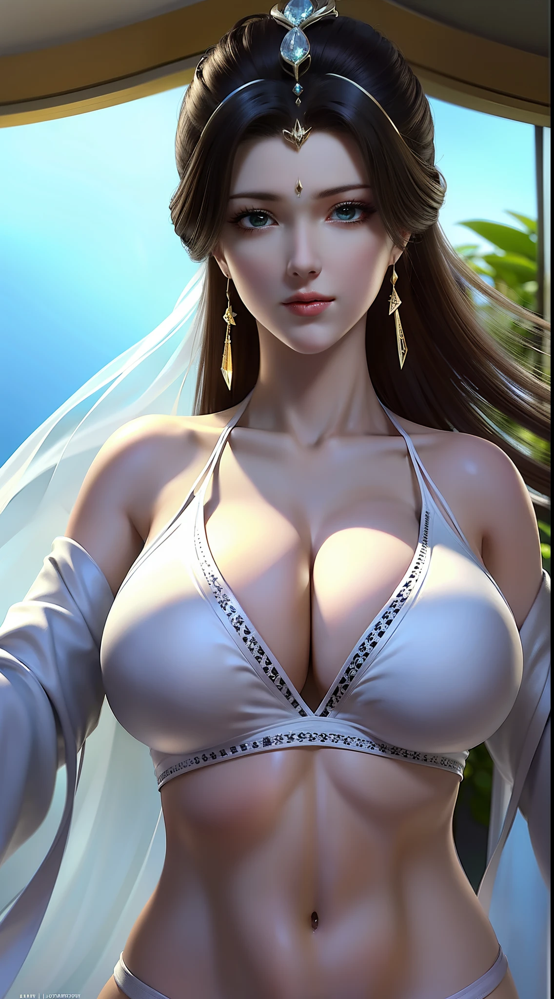 tmasterpiece,best qualtiy,one-girl,Wearing a white bikini,In a spacious and bright interior,looking to the camera,(huge tit)，Higher brightness，Natural soft light，Backlight，Graphics card rendering，color difference,Ultra-detailed details，Highest high resolution，closeup of face，Faraway view，very realistic