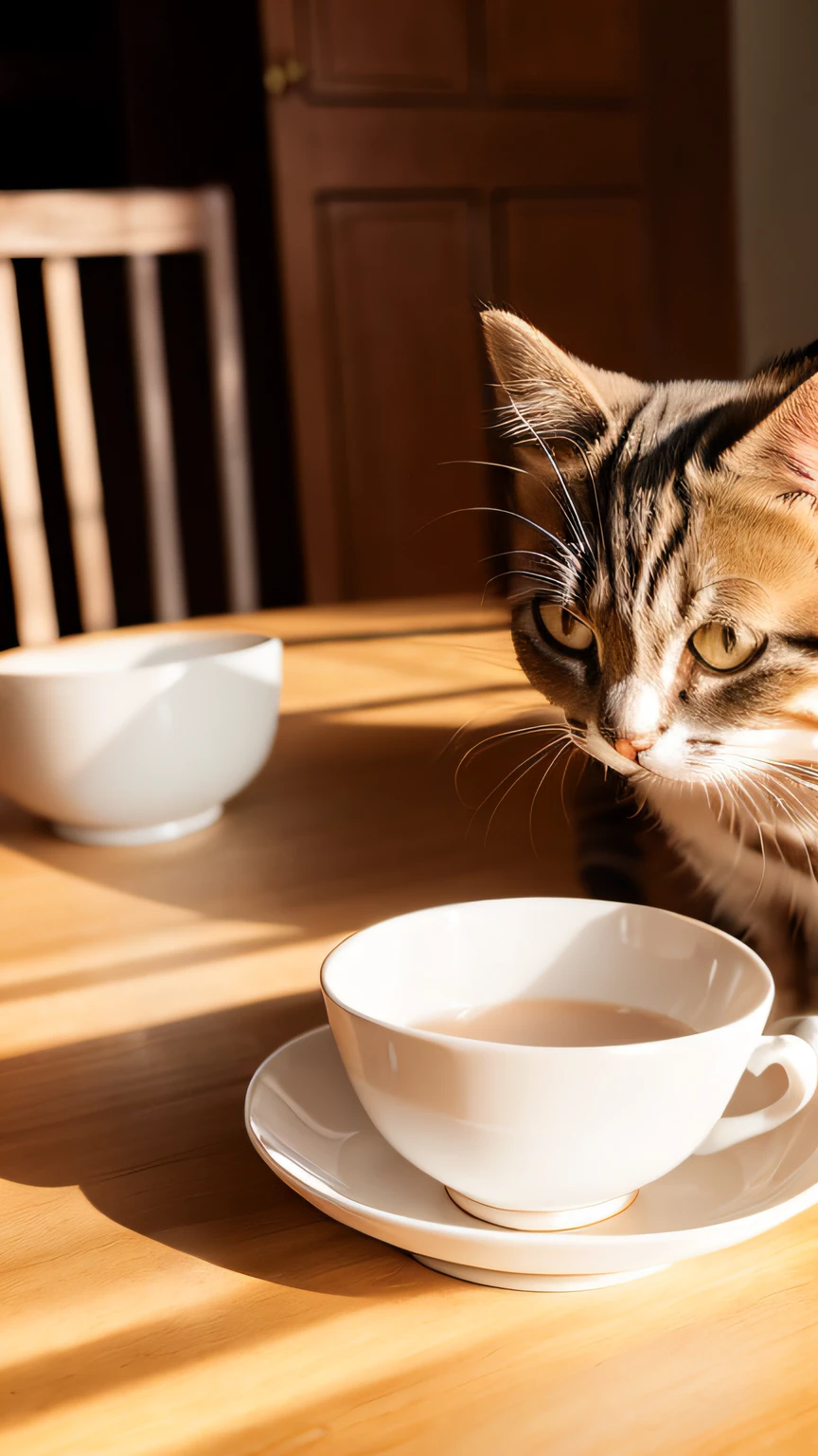 Cat, (Himalayan), (Small)))), in a teacup, Face, Front paws out, 8K, Professional photo, Delicate, Clear, On the table, Inside the house, Sunshine, Light Leak, Masterpiece, ((Pretty))), Fashionable Teacup, (Reality), Plush Toy, Round Pupils