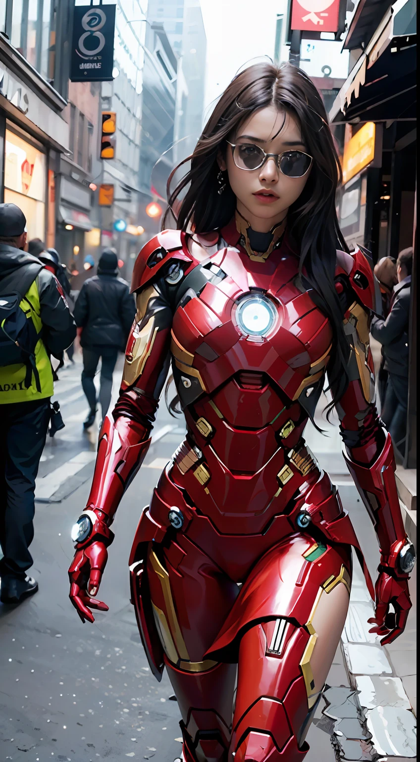 8k, realista, atractiva, muy detallada, a 19 years old girl, una mujer sexy y atractiva inspirada en Iron Man con un brillante robot de Iron Man. Se viste con sensualidad y confianza, interpretando perfectamente la fuerza y el carisma de Iron Man. En una escena nocturna de ciudad al estilo cyberpunk, una mujer sexy y atractiva toma el cosplay de Iron Man como tema. Vestida con un brillante robot de Iron Man, la armadura de Iron Man dejara las piernas humanas descubiertas como un sexy short, se para en una calle bordeada de edificios altos. Las luces nocturnas de la ciudad son brillantes, Reflecting on his wick, adding a sense of future technology. The surrounding buildings and streets are full of cyberpunk elements, like neon lights, High-tech devices and futuristic architectural designs. The whole scene is full of futuristic atmosphere and cyberpunk-style sci-fi. This high-definition and high-quality image will give you stunning visual enjoyment, A perfect combination of sexy elements, Futuristic and science fiction. Renderizado OC, Spectacular lighting, calidad galardonada