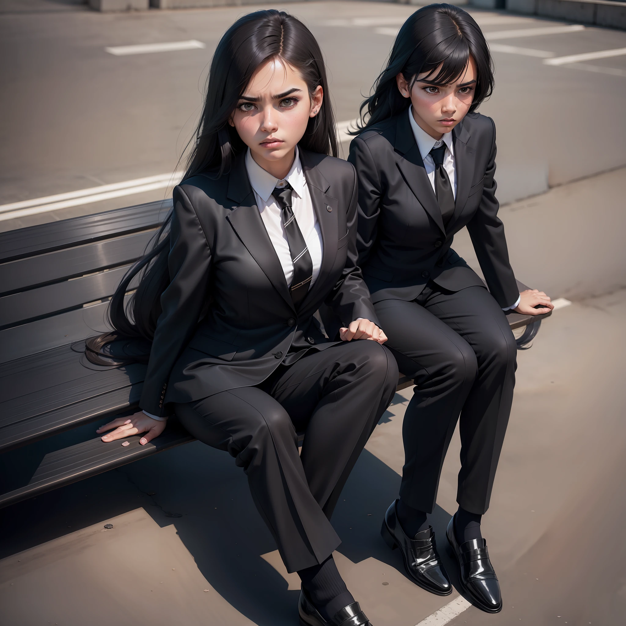 female high-school student,Black JK suit,Over pitch black silk,JK leather shoes,cabelos preto e longos,A look of disgust,looking at the ground