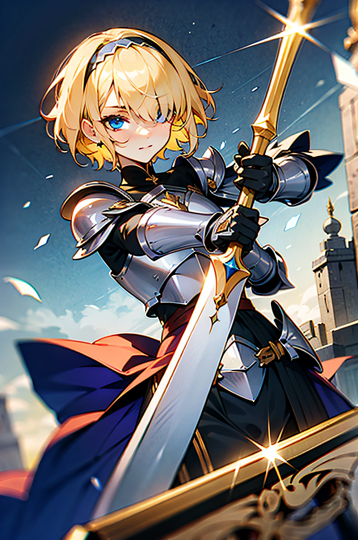 Future Princess, Guardian Tales, Heavenhold, Princess of Kanterbury, Weapon, Armor, Gorgeous, Blue eyes, Blonde hair, Hair over one eye, Black hairband, Short hair