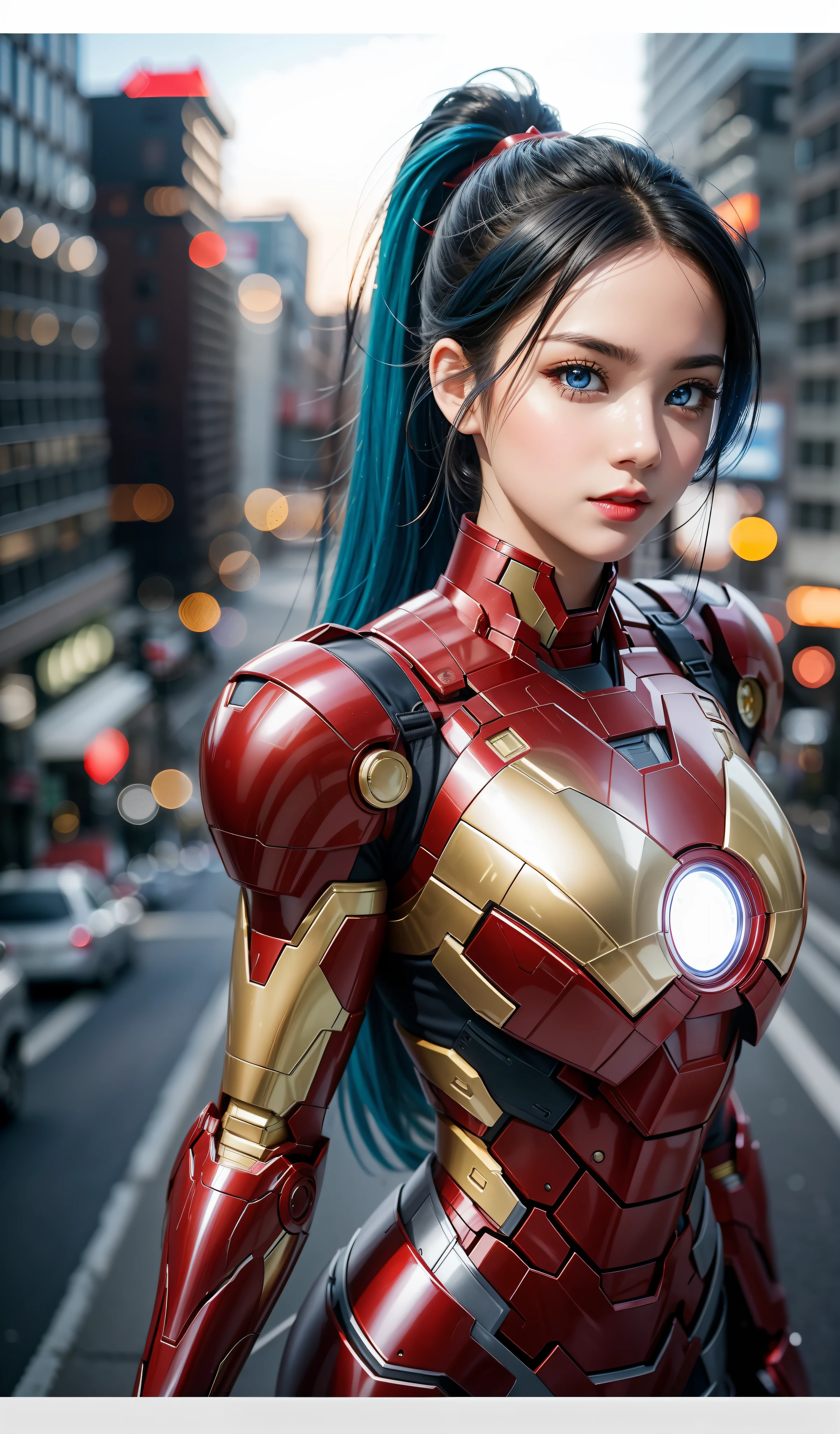 （tmasterpiece：1.4）， （8k， realisticlying， RAW photos， best qualtiy： 1.4）， Naka Himself， （1girll）， beauitful face， （photorealiscic face：2.0）， （Haze blue hair， Long hair and high ponytail：2.0）， Beautiful hairstyle， beatiful detailed eyes， （best ratio eyes：1.5）， Attractive， 超高分辨率， Ultra photo realsisim， highly  detailed， Optimal proportions， （Detailed face：1.4）， looking at viewert， Red lipstick， （best ratio fingers：1.5），Focus on the face（white super hero theme， carismatic， there's a girl on top of town，Wearing lingerie Iron Man costume，she is a superhero），[（（25 age old），full bodyesbian，（Realistic blue eyes：1.2），（（Iron Man pose），Show power，Fly from one building to another），（（sandy urban environment）：0.8）|（view over city，the night，dynamic lights），（moon full））]