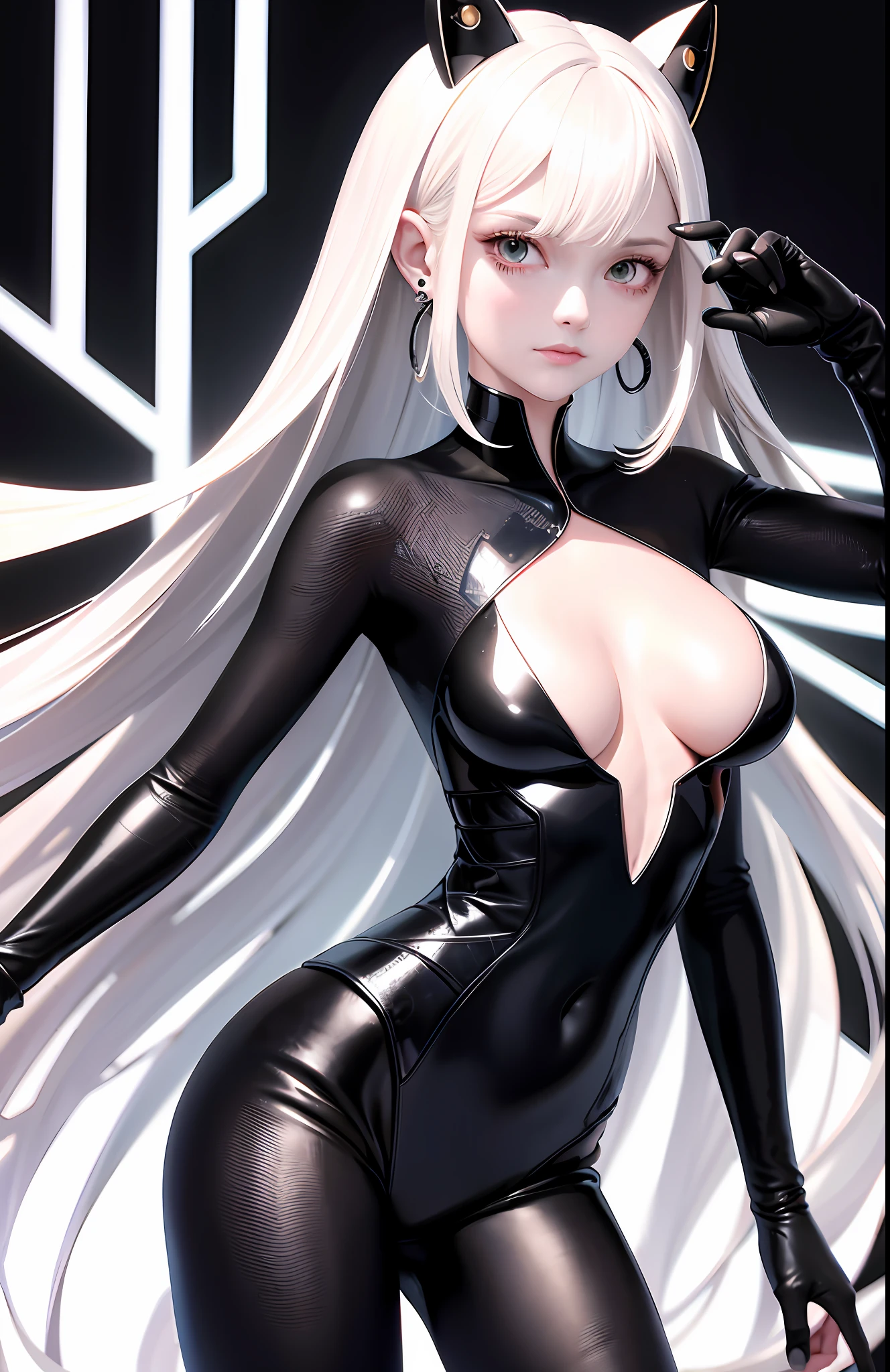 optimum,tmasterpiece,A high resolution,best qualtiy,hyper HD,super detailing,Award-Awarded,16k,独奏,(The upper part of the body),anatomy correct,Beautiful cyberpunk girl,Ex Machina,cute face,high light,Gradient Beige Hair,Hairline,((Scarlet eyes)),long eyelasher,Hanging eye corners,White skin of the,(small boobs),(Slim body),(()),((coat_dress)),ear studs,(neck rings), very short gloves,(Laser material clothing:1.2)