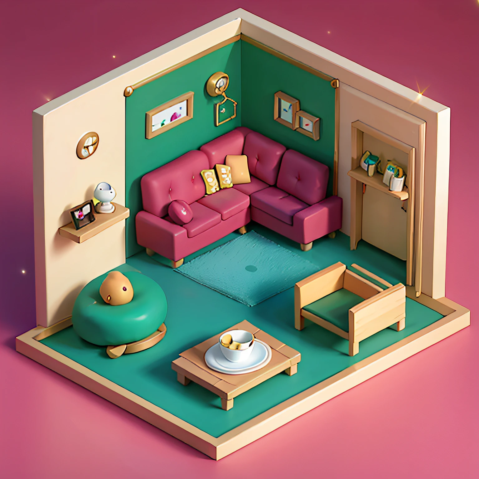 1 room, lighting, isometric view, micro room, clay material, isometric room, cute cartoon room, no_humans, food, indoors, cup, no_humans, chair, table, plant, couch, plate, teacup, door, clock, potted_plant, saucer, still_life