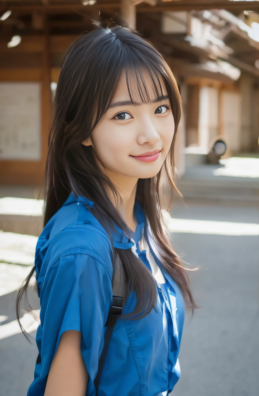 a smile、Japan woman with long hair and blue shirt, campus