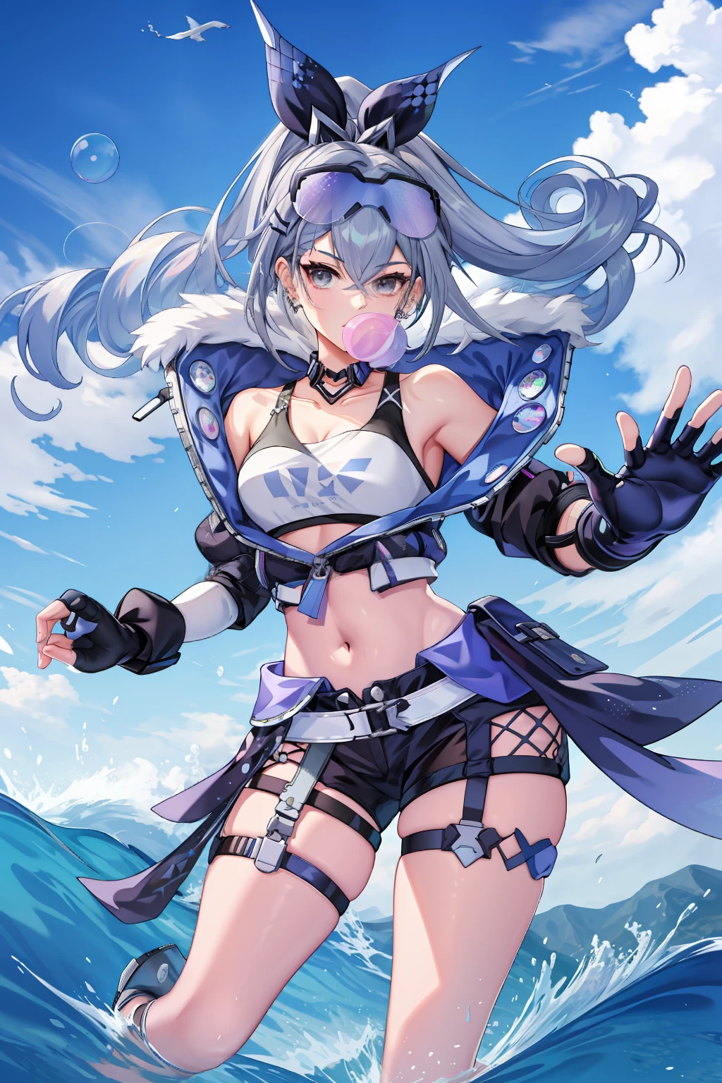 Masterpiece, Best quality, Silver Wolf V5, 1girll, Solo, view the viewer, shirt, hair adornments, mitts, navel, cleavage, Bare shoulders, jewelry, Medium breasts, Jacket, Hair ribbon, White shirt, Thighs, Earrings, Open clothes, Shorts, Sleeveless, choker necklace, Black gloves, hair pin, midriff, Fingerless gloves, Armpits, cropped shoulders, stomach, Open jacket, Crop top, Sleeveless shirt, thigh band, Black shorts, sunglasses, fishing nets, eyewear on head, open fly, Micro shorts, bubble blowing, chewing gum,