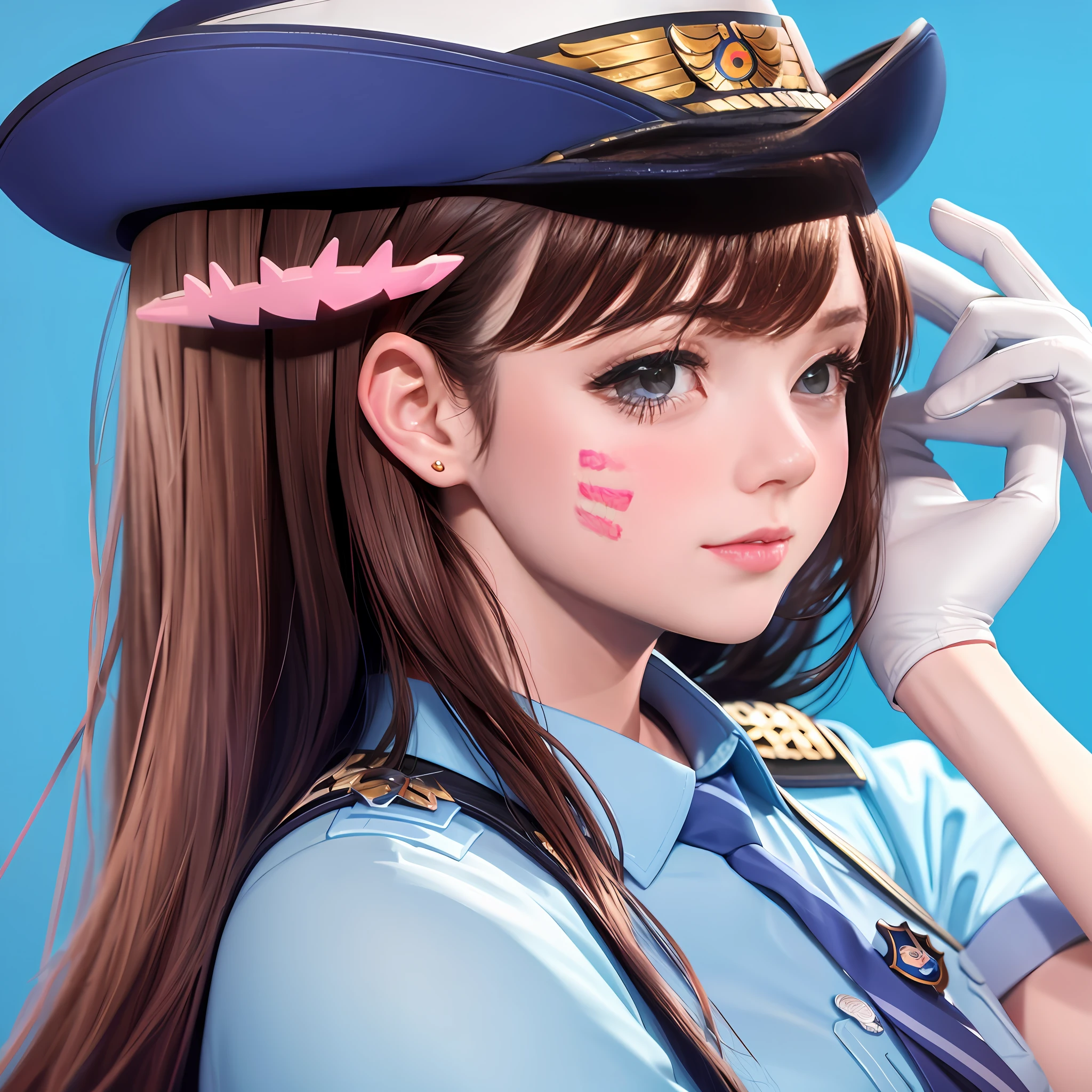 (detailed blue background), masterpiece, best quality, Officer_DVa, female_service_cap, brown_eyes, pink_facial_mark