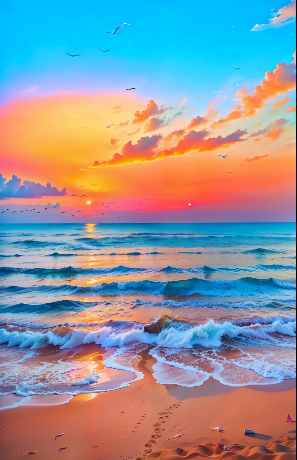An absolutely mesmerizing sunset on the beach, with a mix of orange, pink, and yellow in the sky. The water is crystal clear, gently kisses the coast, and the white sand is endless. The scene is dynamic and breathtaking, with seagulls soaring high in the sky and palm trees swaying softly. Immerse yourself in the calm atmosphere and let the serenity surround you.
