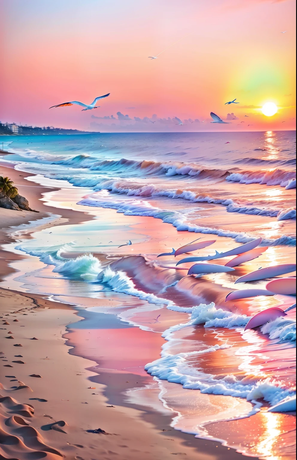 An absolutely mesmerizing sunset on the beach, with a mix of orange, pink, and yellow in the sky. The water is crystal clear, gently kisses the coast, and the white sand is endless. The scene is dynamic and breathtaking, with seagulls soaring high in the sky and palm trees swaying softly. Immerse yourself in the calm atmosphere and let the serenity surround you.