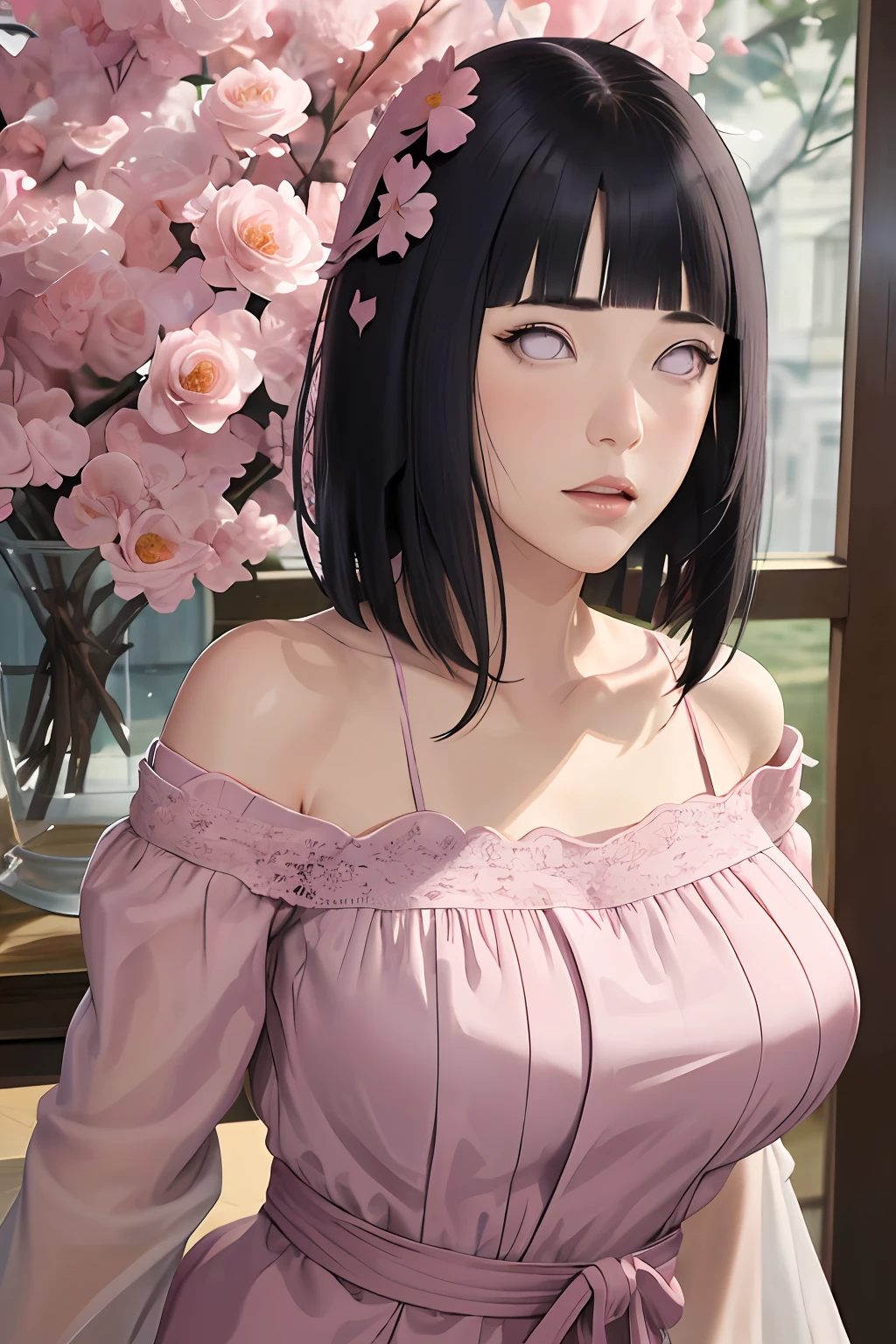 masterpiece, absurdres, hinata\(boruto\), 1girl, solo,mature female, off-shoulder lace shirt, looking at viewer, (falling petals), perfect composition, detailed lips, big breast, beautiful face, body propotion, blush, (pink lips), long hair,  purple eyes,  soft gaze,  super realistic, detailed, photoshoot, realistic face and body