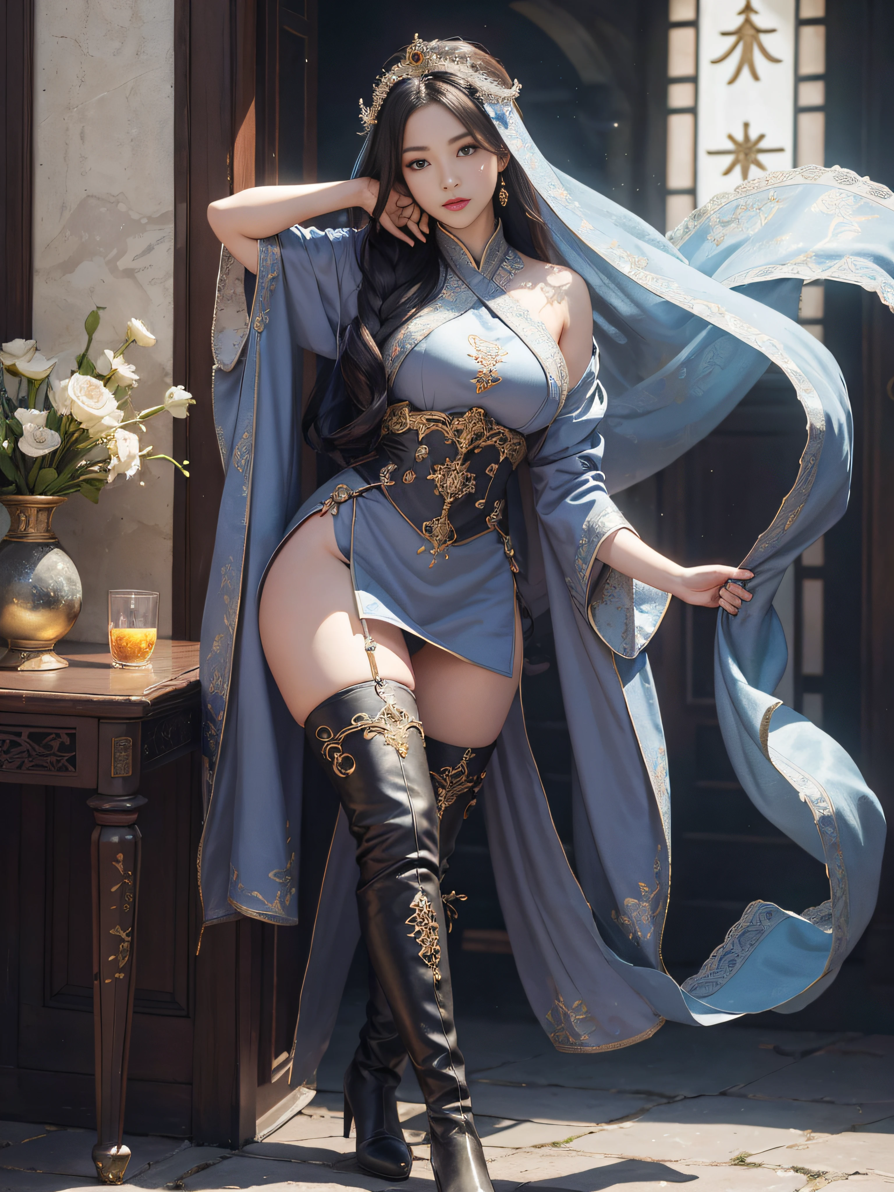 Royal sister,Big sister type,Oriental women,gallant woman,Cold sass,,tmasterpiece,A high resolution,,Absolutely beautiful,,are standing,Queen temperament,exquisitedetails,A high resolution,Wallpapers,1female,独奏,,enchanted、Raised sexy, Rich expressions, trinkets,Fluttering, Hanfu,,long trousers,Long boots,Reveal the appearance of long boots,Show stockings,over knee socks,embroidery, natural poses,standing on your feet, Fanning,16K,HDR,A high resolution,depth of fields,Bocoon,prime time,Vignette,rainbowing,(Wide buttock:1.4),(Thick legs:1.4)