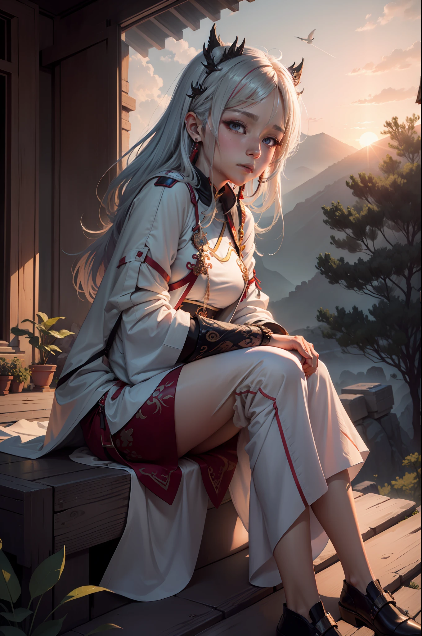 (((tmasterpiece))),best qualtiy,《Ghost Slayer's Blade》Miss Ganlu Temple,late sunset,Sit on the cliff and enjoy the sunset,Delicate face