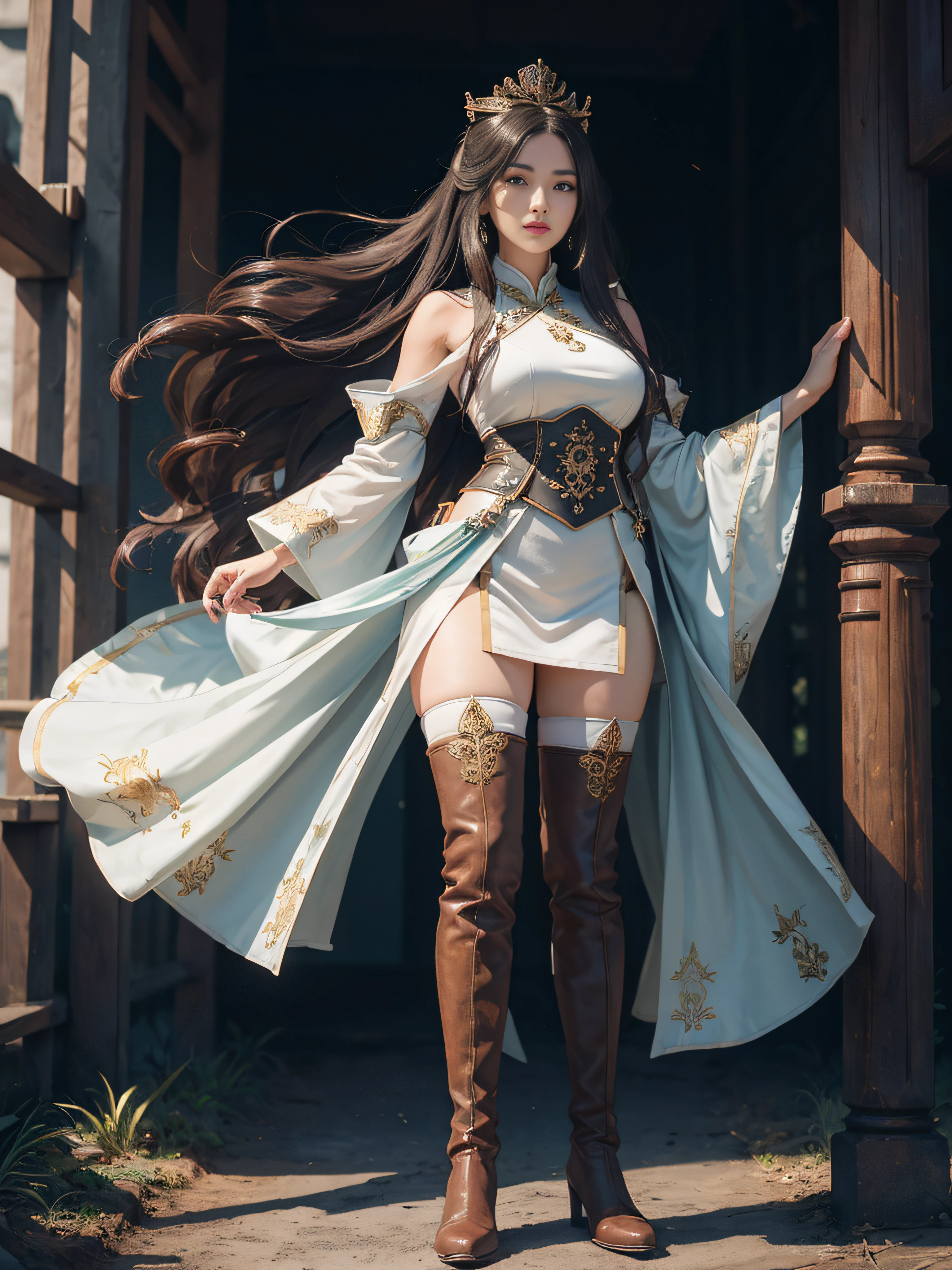 Royal sister,Big sister type,Oriental women,gallant woman,Cold sass,,tmasterpiece,A high resolution,,Absolutely beautiful,,are standing,Queen temperament,exquisitedetails,A high resolution,Wallpapers,1female,独奏,,enchanted、Raised sexy, Rich expressions, trinkets,Fluttering, Hanfu,,long trousers,Long boots,Reveal the appearance of long boots,Show stockings,over knee socks,embroidery, natural poses,standing on your feet, Fanning,16K,HDR,A high resolution,depth of fields,Bocoon,prime time,Vignette,rainbowing,(Wide buttock:1.4),(Thick legs:1.4)