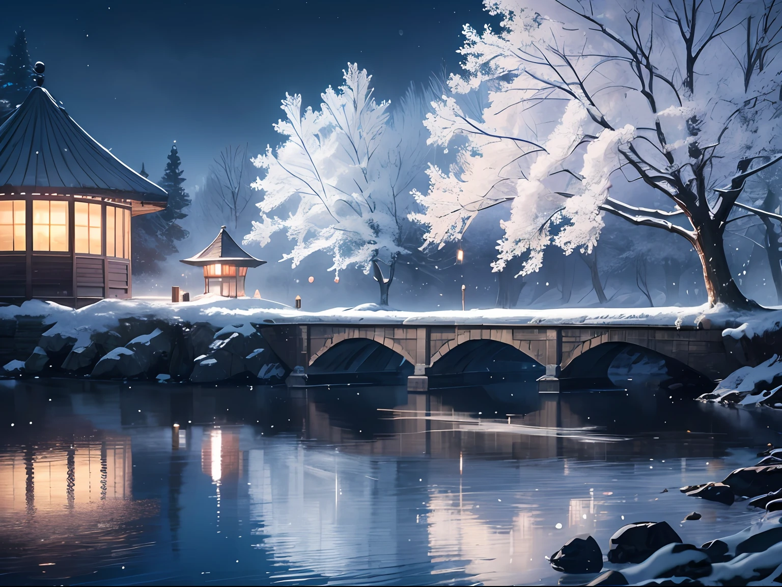 Exquisite and delicate, Layered, Riverside night, Cold river water, Lonely old man,Wear a gown,Wearing a cloak,Fishing, Snowflakes flying,The background is a pavilion in the distance, Montage effect,4K,film effect