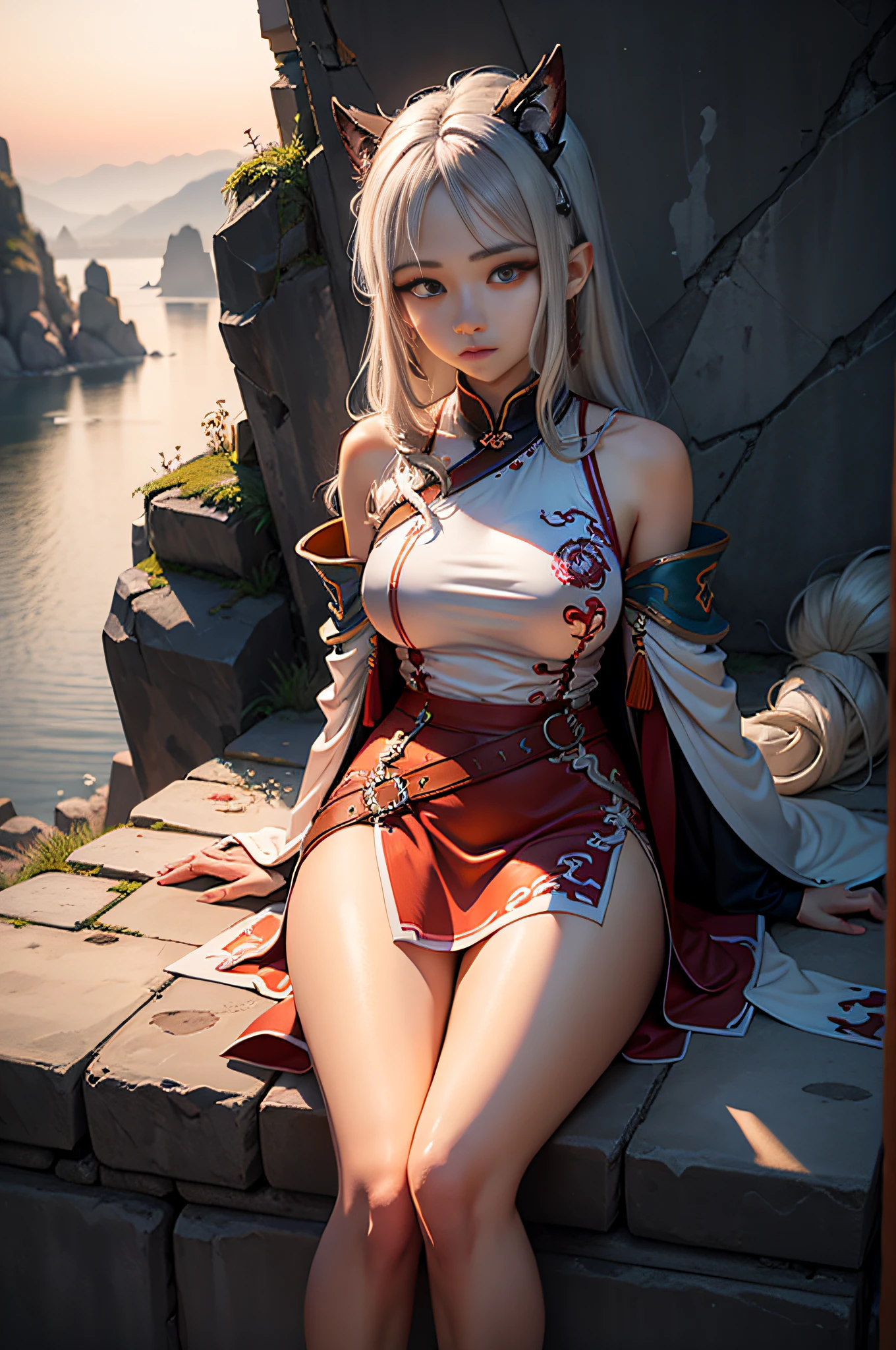 （（（tmasterpiece））），best qualtiy，《Ghost Slayer's Blade》Miss Ganlu Temple，late sunset，Sit on the cliff and enjoy the sunset，Delicate face