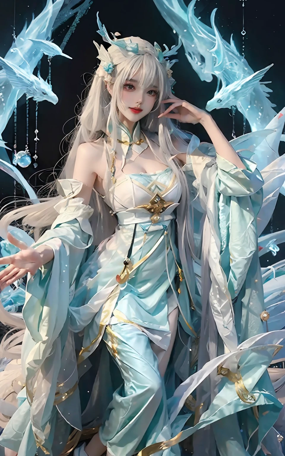 Close-up of a woman in costume on stage，full-body xianxia，beautiful celestial mage，Amazing young ethereal characters，a beautiful fantasy empress，astral witch clothes，shaxi，A flowing magic robe，white hanfu，xianxia fantasy，Beauty Delfin，Ethereal fantasy，Elegant and charming cosplay，heise jinyao,Sit underground，Feminine and colorful，It's tumultuous，blacksilk