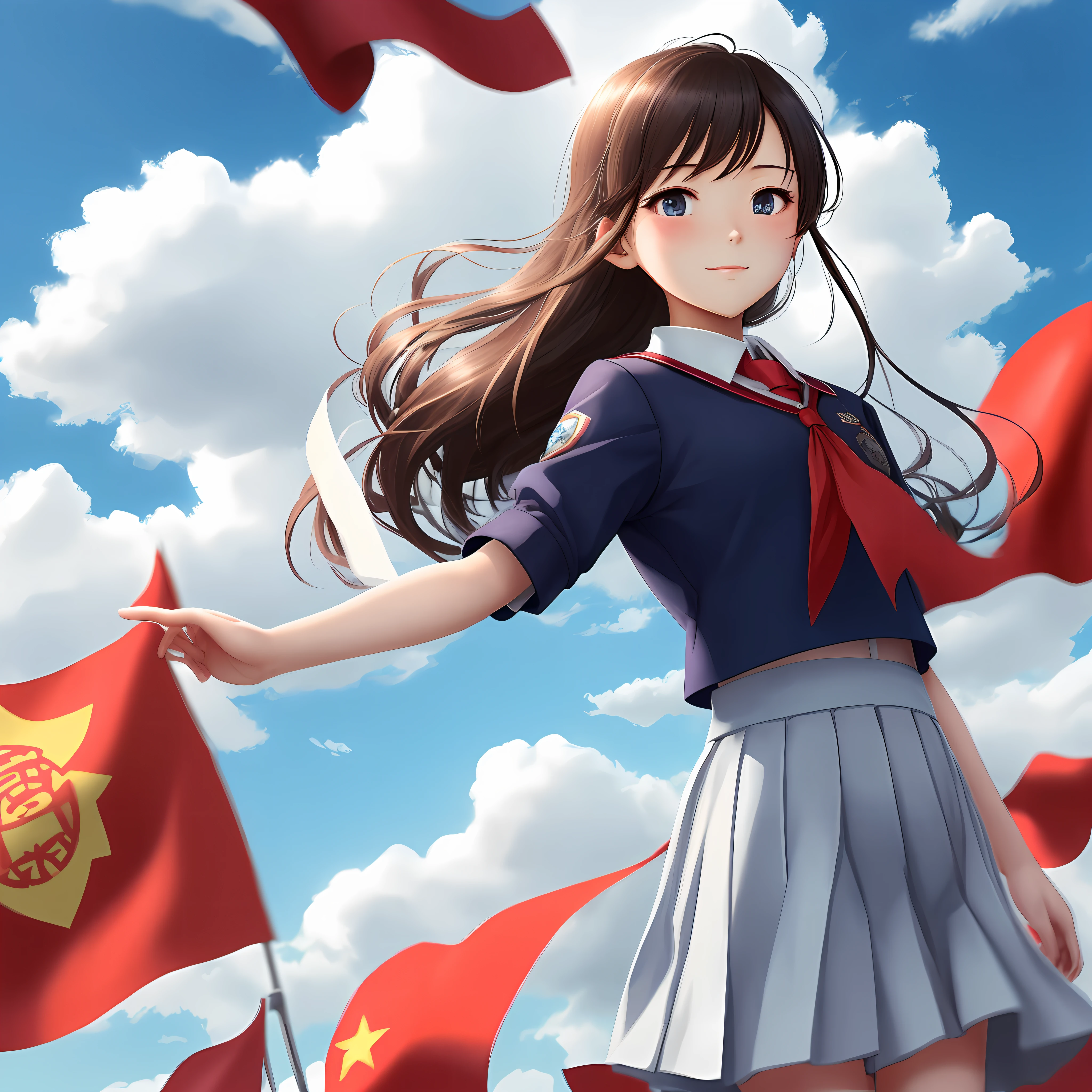 visual novel，A student，Chinese school uniform，with blue sky and white clouds，Flying red flags，Hair flutters in the wind，looking at the distance，proud expression，Face facing the picture，