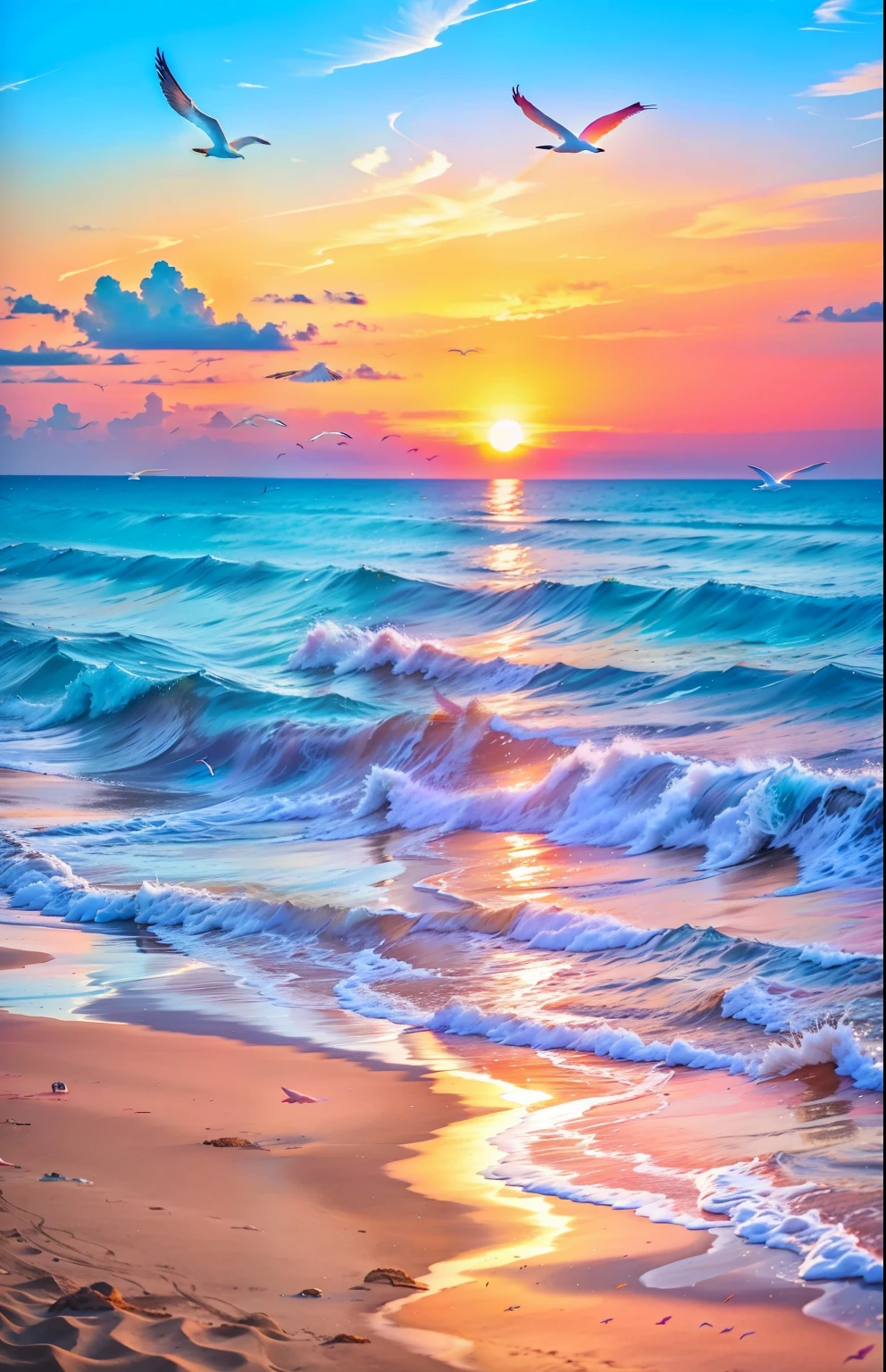 An absolutely mesmerizing sunset on the beach, with a mix of orange, pink, and yellow in the sky. The water is crystal clear, gently kisses the coast, and the white sand is endless. The scene is dynamic and breathtaking, with seagulls soaring high in the sky and palm trees swaying softly. Immerse yourself in the calm atmosphere and let the serenity surround you.