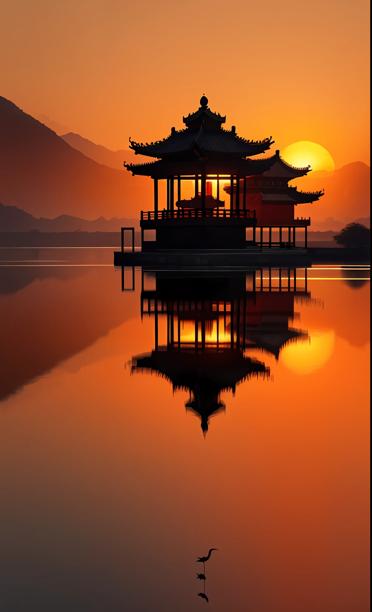 （High detail,hyper qualit,high resolution,hyper HD，16k）,(offcial art), Sunset painting in Chinese ink painting style [Sunset and lonely cranes fly together: 0.4], Sunset, Reflection of the lake, Orange-red atmosphere, Warm and dreamy, symetrical composition, Realistic romantic style